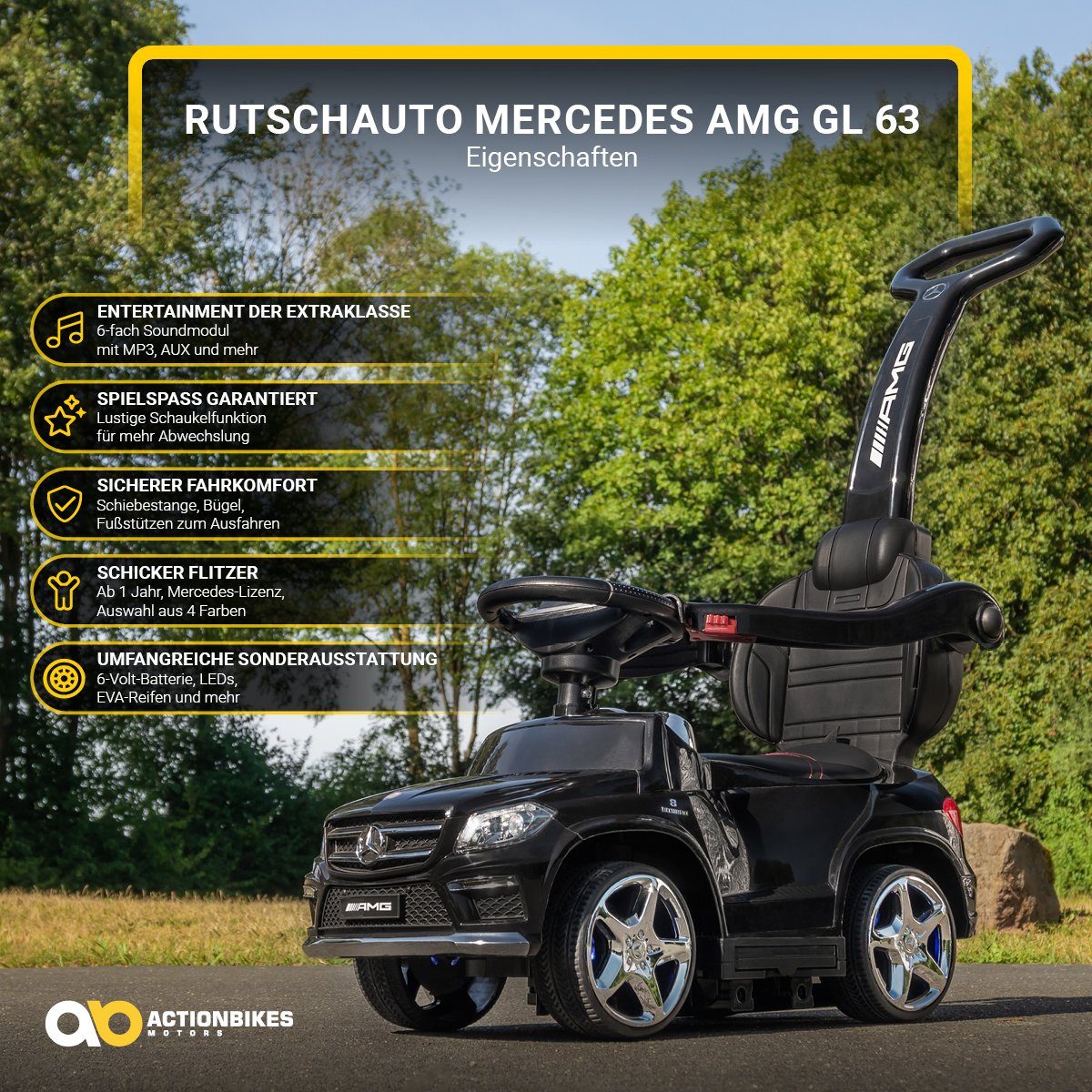 Actionbikes Motors Rutscherauto Mercedes Benz GL 63 AMG Rutschauto inkl. Schiebestange, (Kinder Elektro Auto ab 1 Jahr elektrisch - Schaukelfunktion - Trittbretter, 1-tlg., 6V Batterie - MP3 - Bluetooth - Soundmodul - LED - EVA-Reifen), Kinder Fahrze