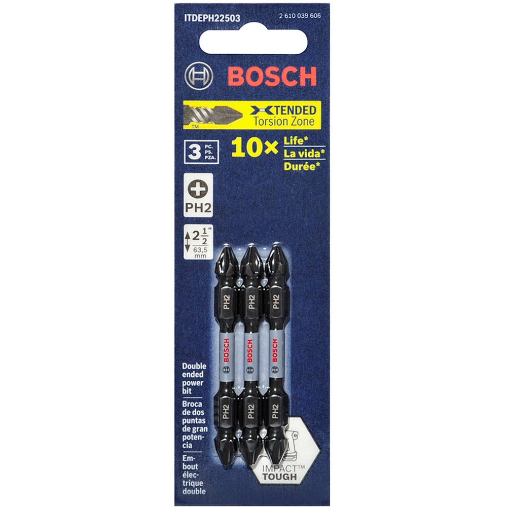 BOSCH PH2 x 65mm Phillips Double-Ended Power Screwdriver Bit - IMPACT TOUGH - 3 Piece