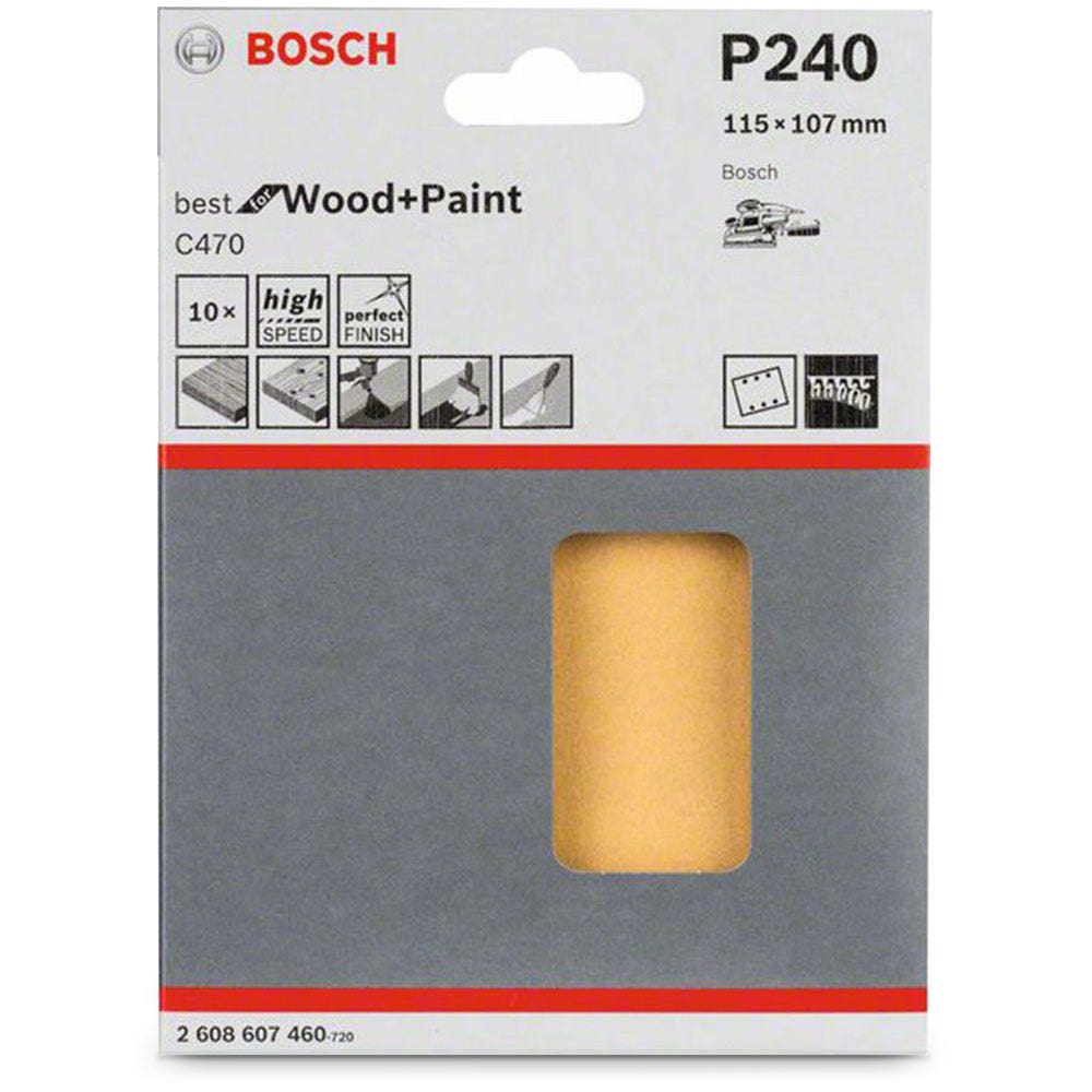 BOSCH 115 x 107mm 240-Grit 6-Hole Hook & Loop Sanding Sheet for Wood & Paint - C470 - 10 Piece