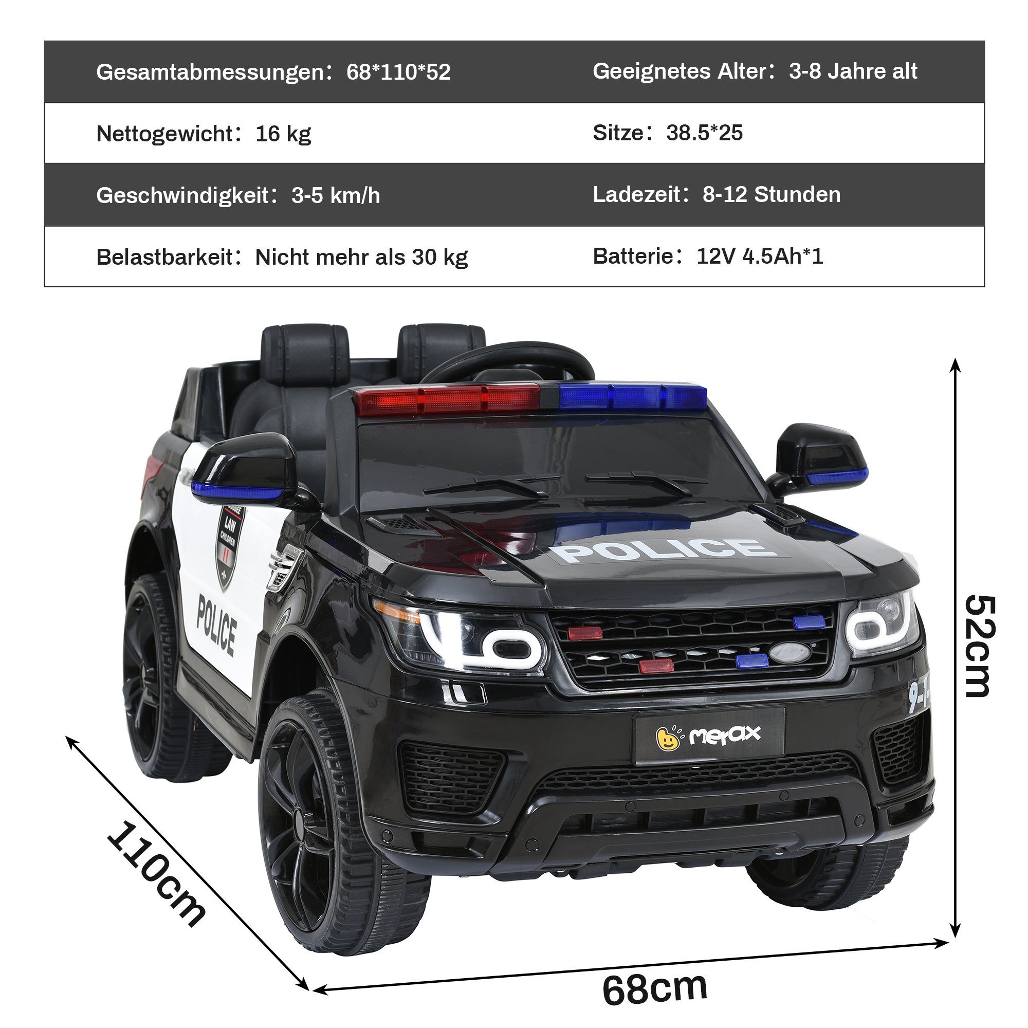 Merax electric children's car with USB, AUX and Bluetooth including remote control, load capacity 30 kg, electric police car, children's car
