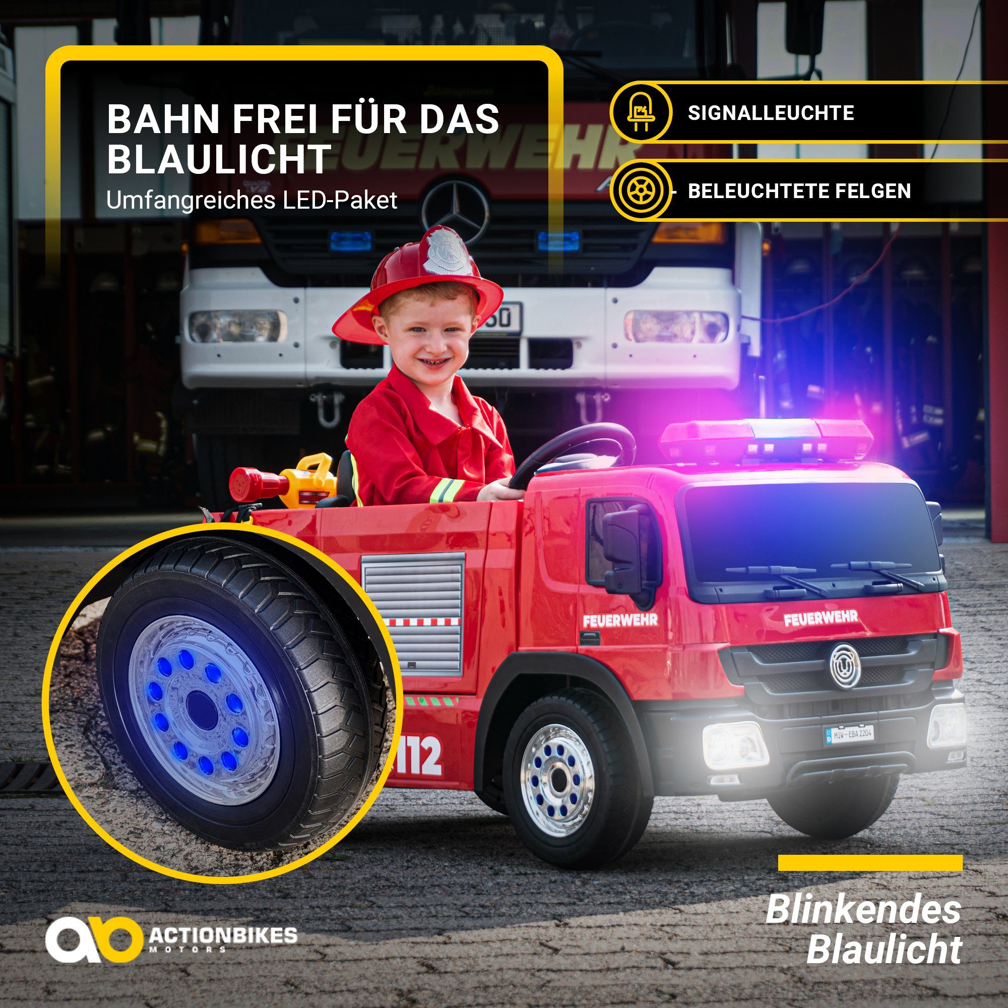 Actionbikes Motors Elektro-Kinderauto Kinder Auto Feuerwehr SX1818 Elektro - Fernbedienung - Wasserspritze, Belastbarkeit 40 kg, (4-tlg), Kinder Fahrzeug Spielzeug ab 3 Jahre elektrisch - Sirene & Bluetooth