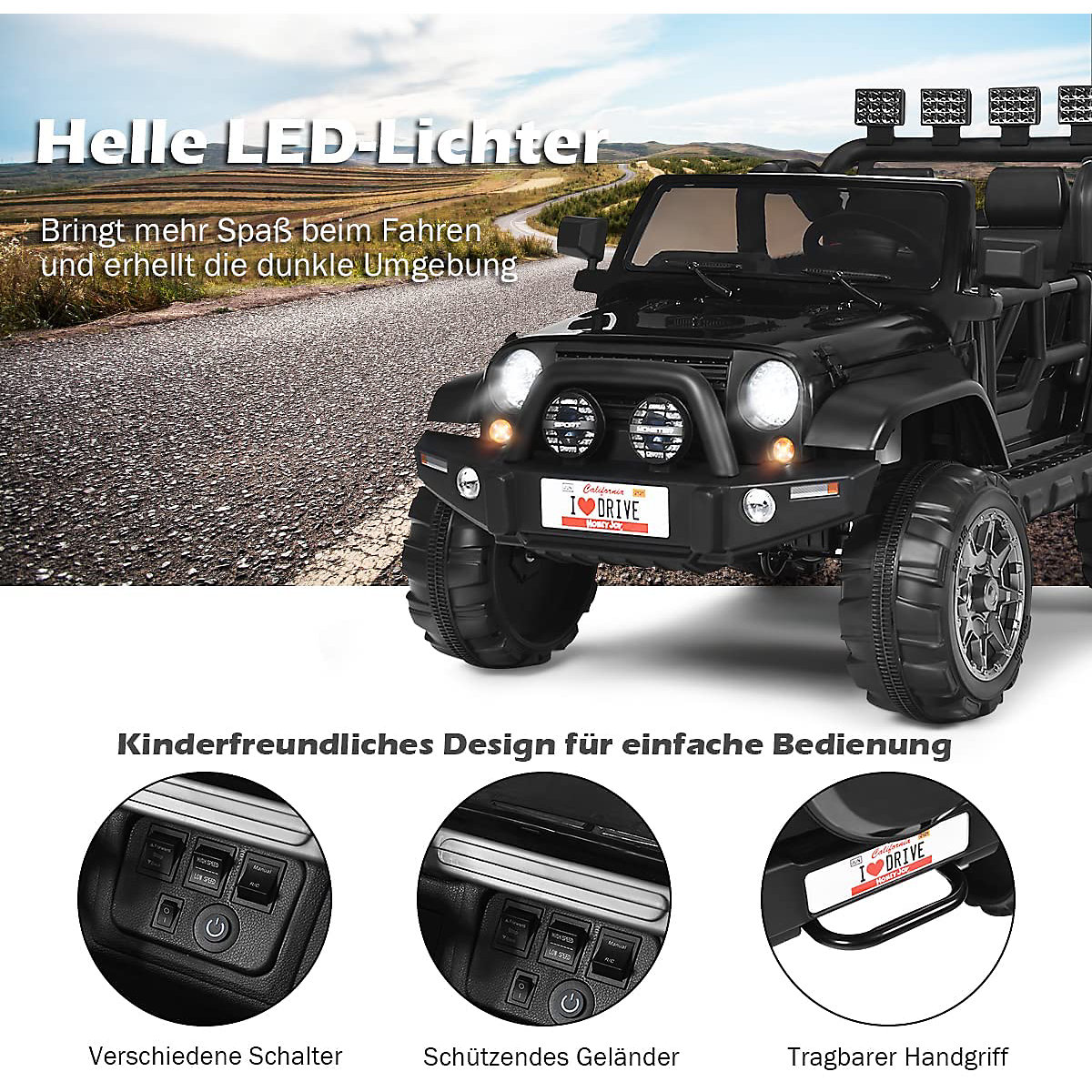 Elektroauto Jeep 2 Sitzer mit 3 Geschwindigkeiten schwarz