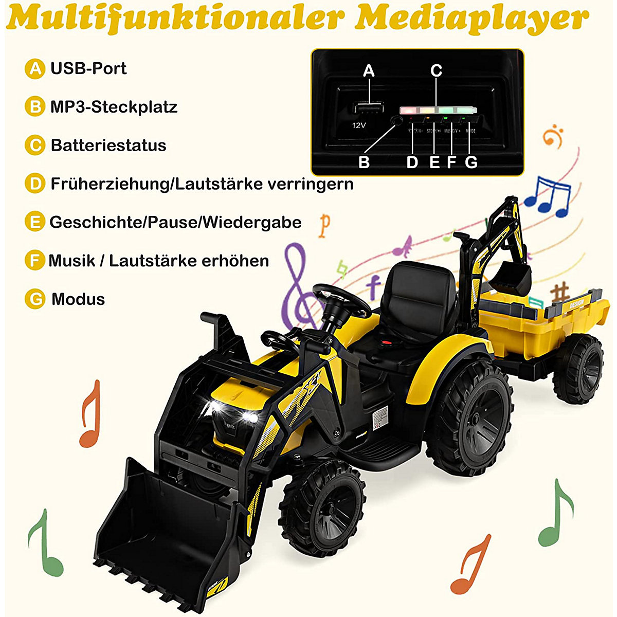 COSTWAY® 12V Traktor mit Anhänger Elektroauto mit Fernbedienung & Musik gelb