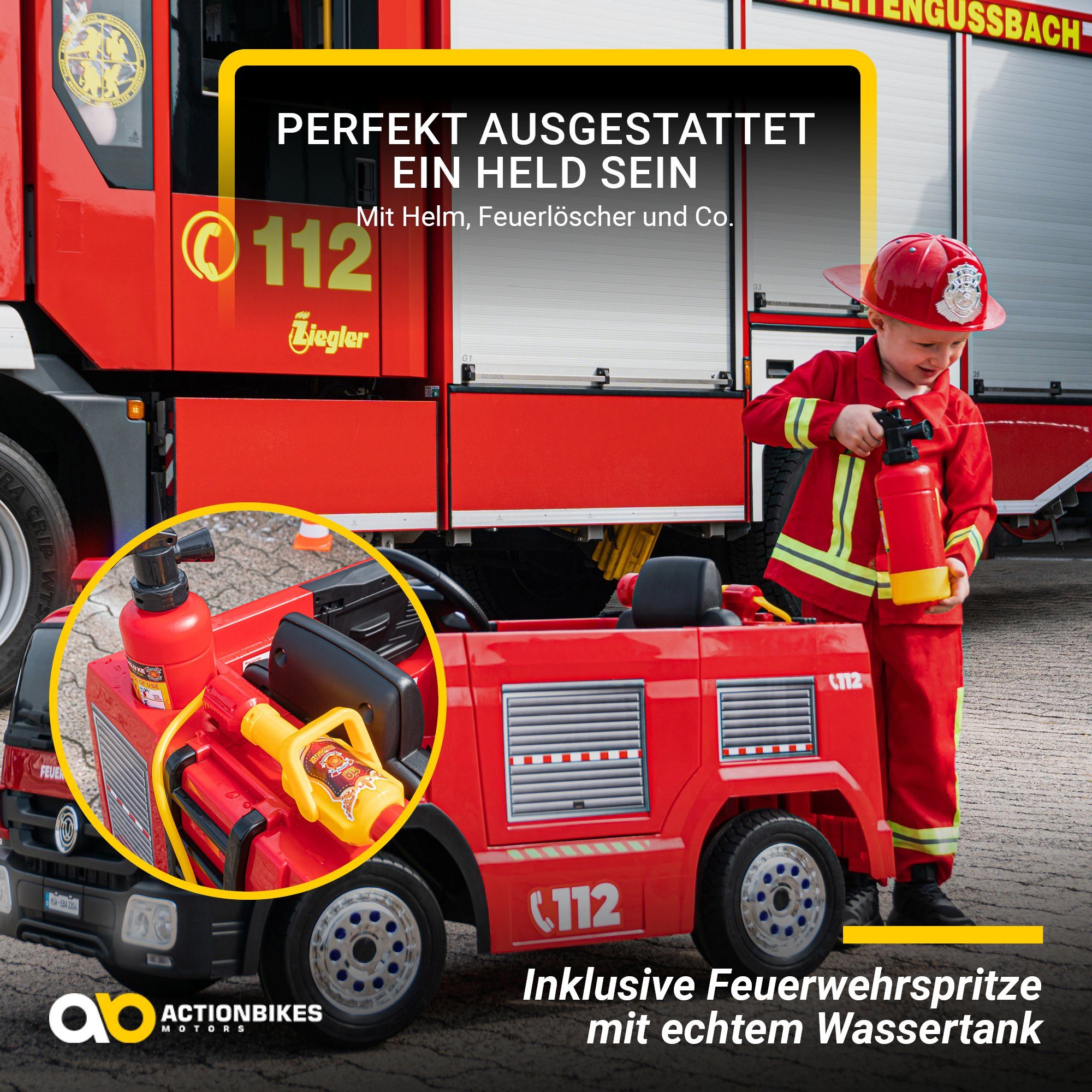 Actionbikes Motors Elektro-Kinderauto Kinder Auto Feuerwehr SX1818 Elektro - Fernbedienung - Wasserspritze, Belastbarkeit 40 kg, (4-tlg), Kinder Fahrzeug Spielzeug ab 3 Jahre elektrisch - Sirene & Bluetooth