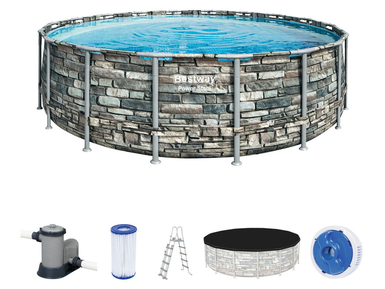Bestway Power Steel™ Framepool Komplett-Set, rund mit Filterpumpe, Sicherheitsleiter und Abdeckplane