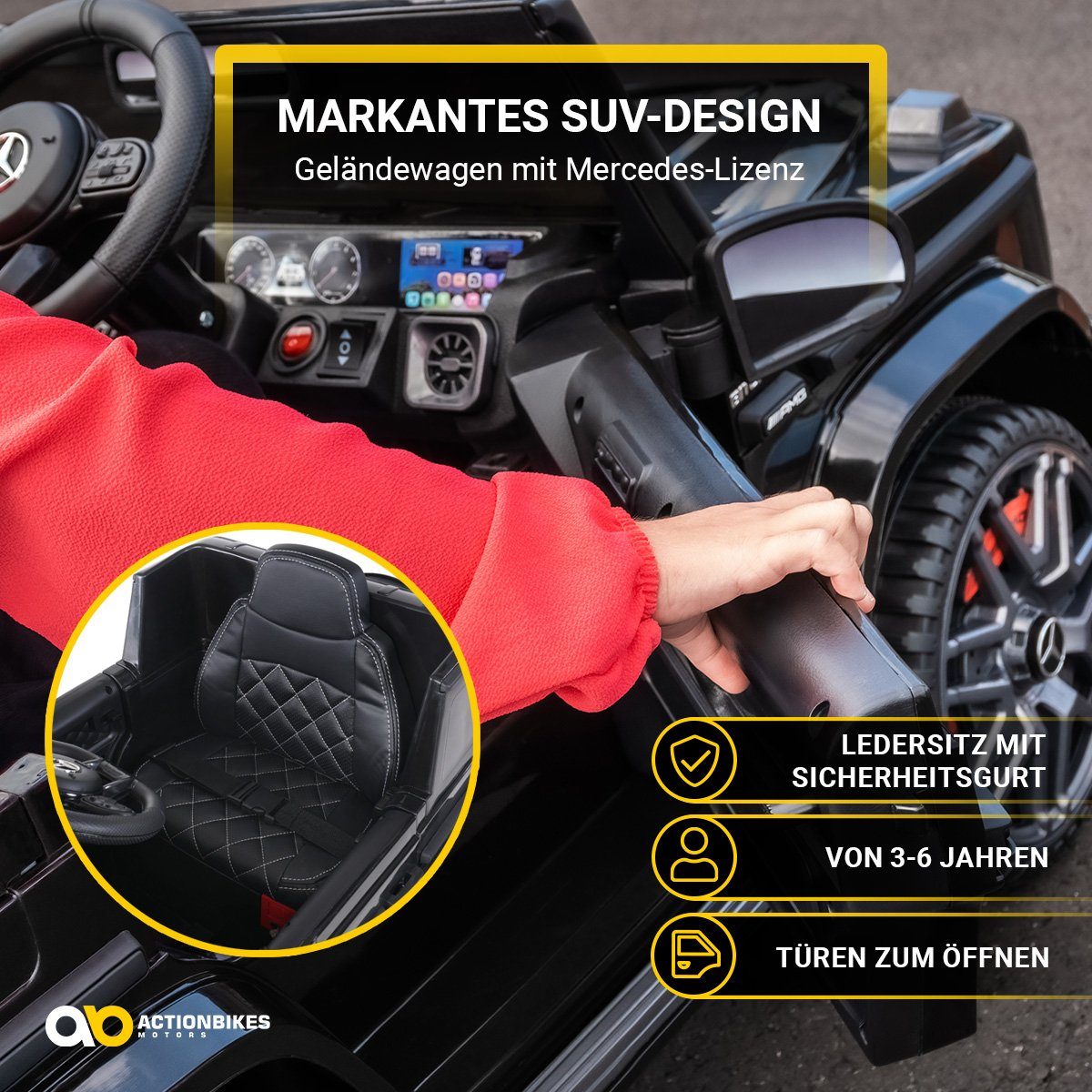 Actionbikes Motors Elektro-Kinderauto Mercedes Benz AMG G63 - Kinder Elektro Auto ab 3 Jahre, Belastbarkeit 35 kg, (2-tlg), Soft-Start - Stoßdämpfer