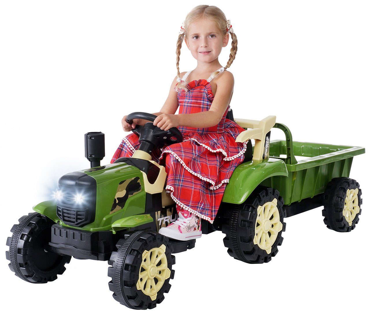 Actionbikes Motors electric children's tractor children's electric tractor with trailer vehicle incl. remote control, load capacity 30 kg, (2-part), 30 kg payload - automatic brake - 2x 6 V motor - from 3 years