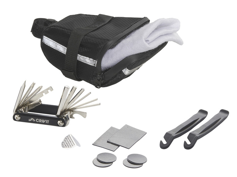 CRIVIT Fahrrad Multifunktionstool / Untersatteltasche mit Werkzeug / Minipumpe mit Manometer