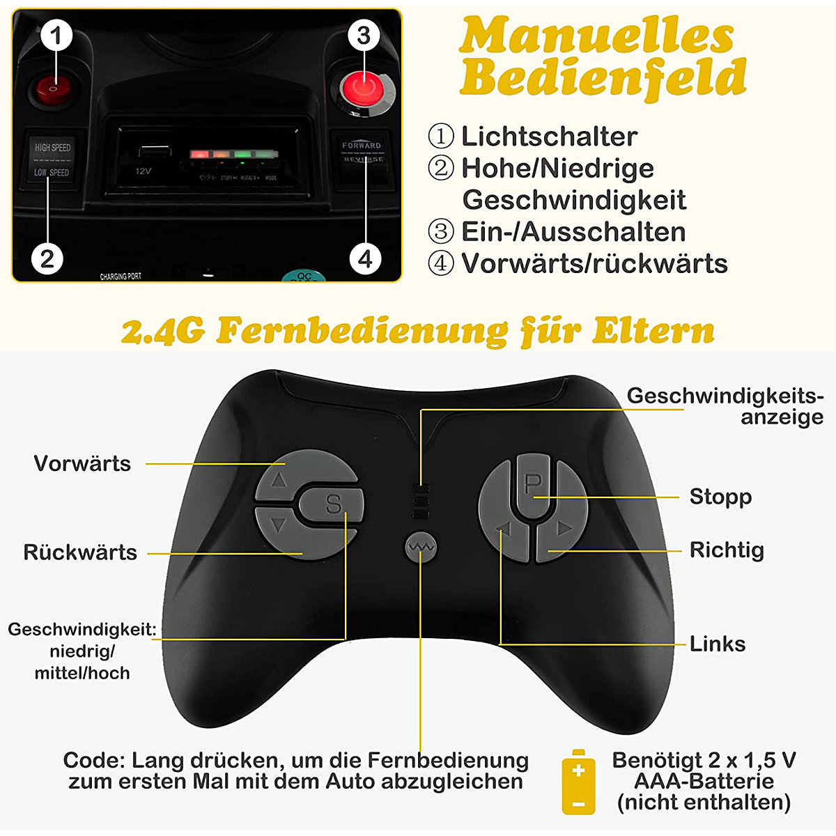 COSTWAY® 12V Traktor mit Anhänger Elektroauto mit Fernbedienung & Musik gelb