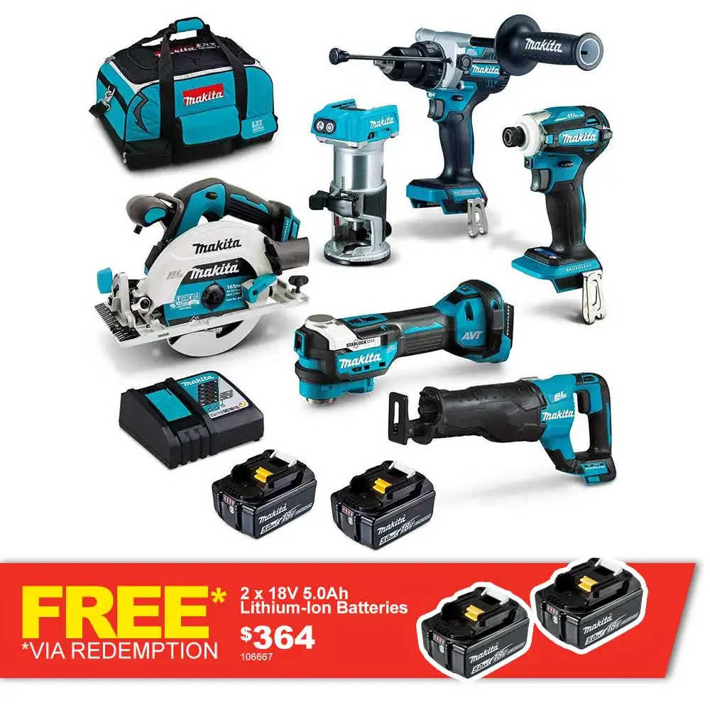 Makita 18V Brushless 6-Piece Set 2 X 5.0AH Combination Kit DLX6120TX1