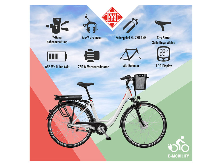 TELEFUNKEN TELEFUNKEN E-Bike »Multitalent RC657-S«, Pedelec, Citybike, 28 Zoll, 100 km Reichweite
