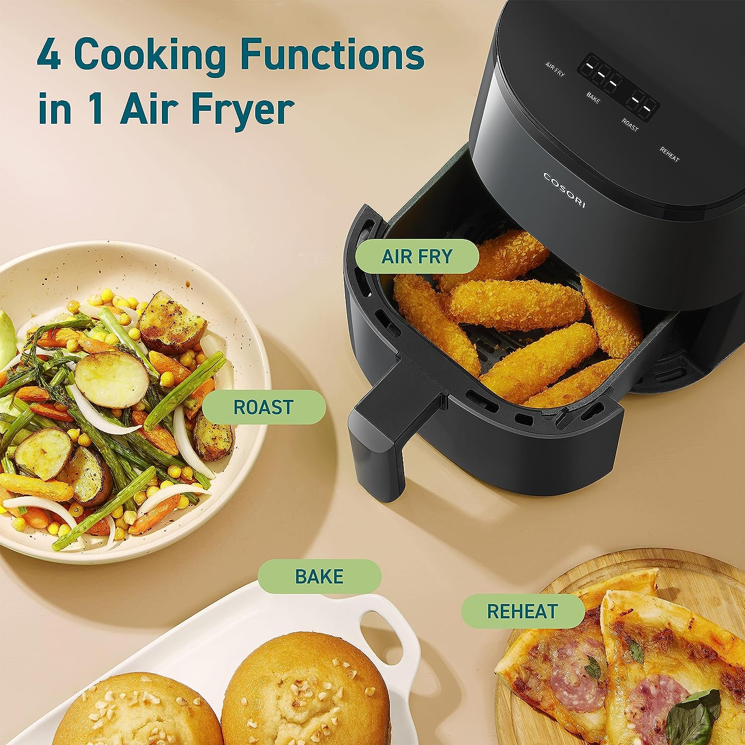 COSORI Small Air Fryer Oven 2.1 Qt, 4-in-1 Mini Airfryer, Bake, Roast, Reheat, Space-saving & Low-noise, Nonstick and Dishwasher Safe Basket, 30 In-App Recipes, Sticker with 6 Reference Guides,Grey