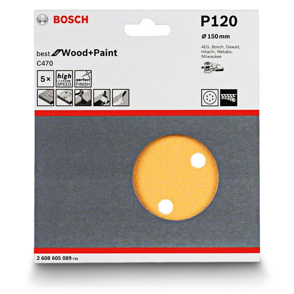 BOSCH 150mm 120-Grit 6-Hole Hook & Loop Sanding Disc for Wood & Paint - C470 - 5 Piece