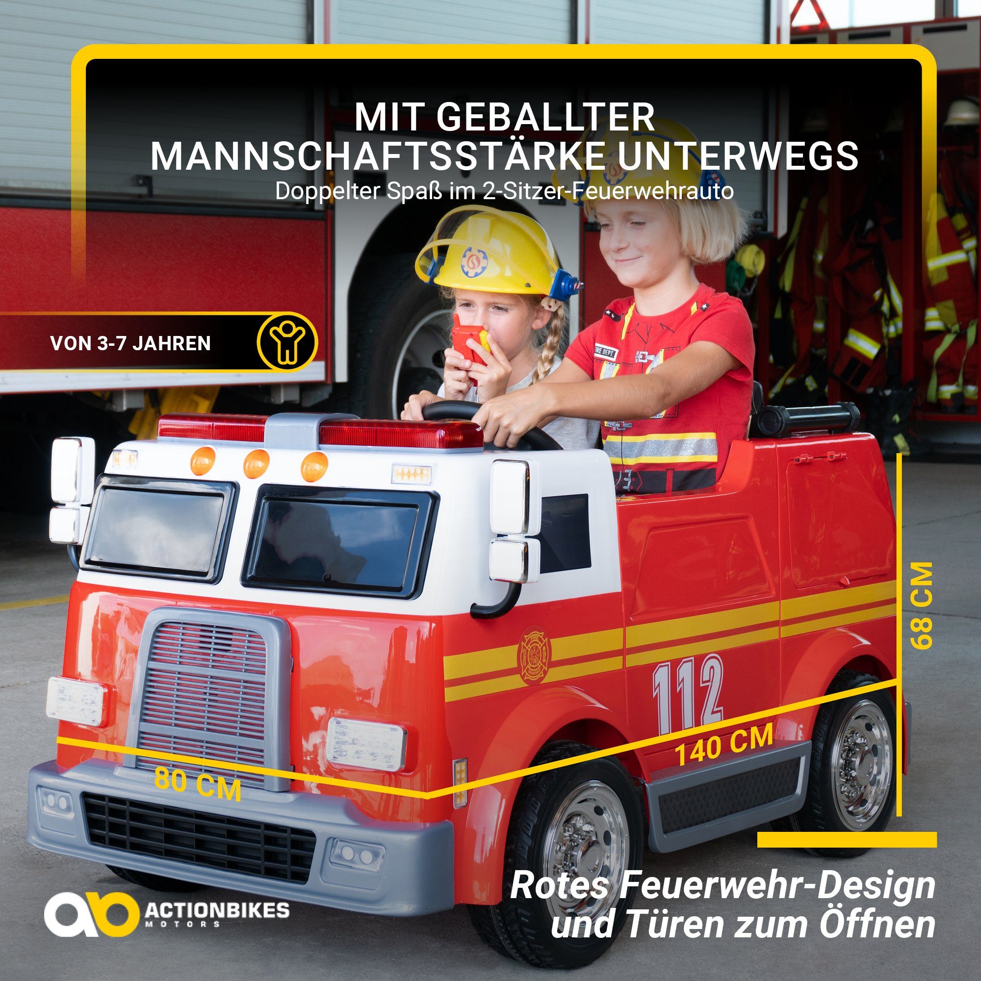 Actionbikes Motors Electric children's car children's fire brigade car LL911 electric - remote control - syringe & siren, load capacity 40 kg, (2-piece), children's vehicle toy two-seater from 3 years old electric