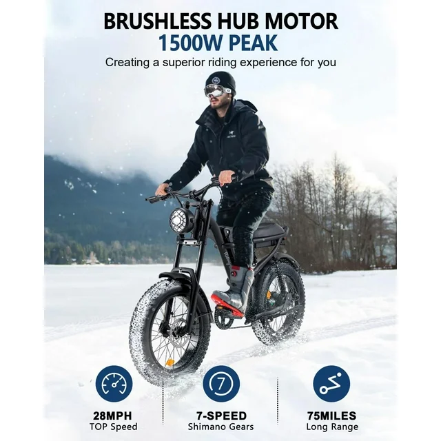 Ridingtimes Z8 Snow Ebikes for Adults, 20 Fat Tire, 1500W Motor, 28Mph, 6 Layer Full Suspension