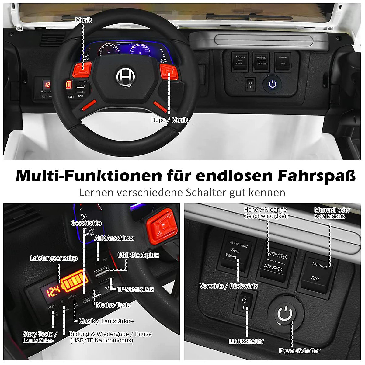 Elektroauto Jeep 2 Sitzer mit 3 Geschwindigkeiten weiß