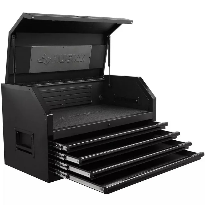 Industrial 41 inches. WX 21.5 inches. D matte black 4 drawer top tool box