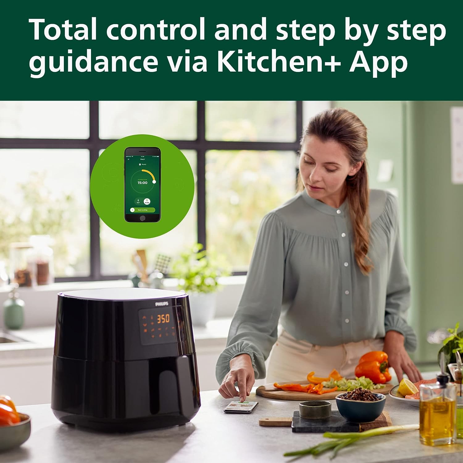 Essential Connected XL 2.65lb/6.2L Capacity Digital Airfryer with Rapid Air Technology, Wi-Fi Connected (Kitchen+ App), Alexa Compatible, Black- HD9280/91, Compact