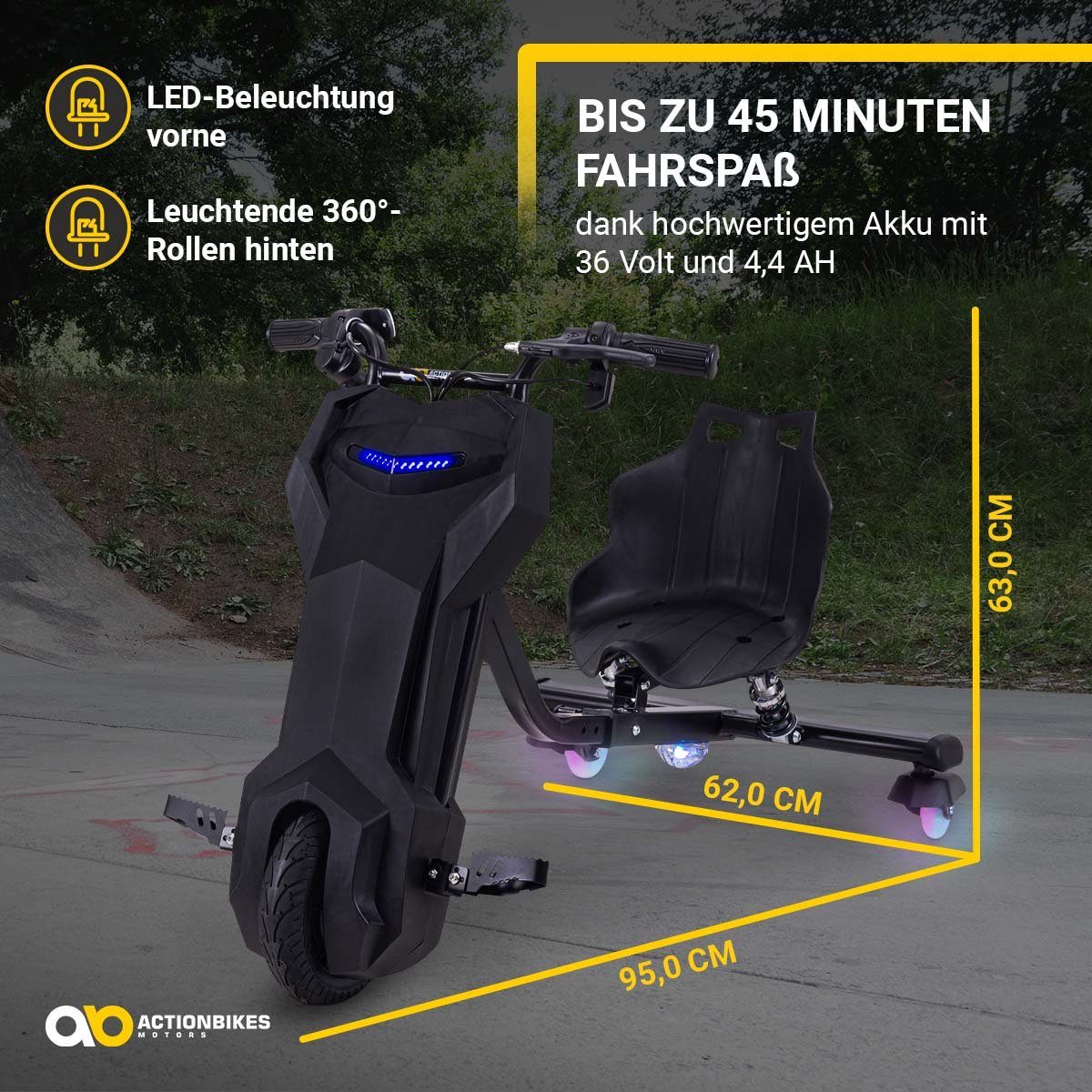 Actionbikes Motors three-wheel scooter drift scooter Drifter 360, 15.00 km/h, 250 watts - LED 360° wheels - suspension - 3 levels - drift trike