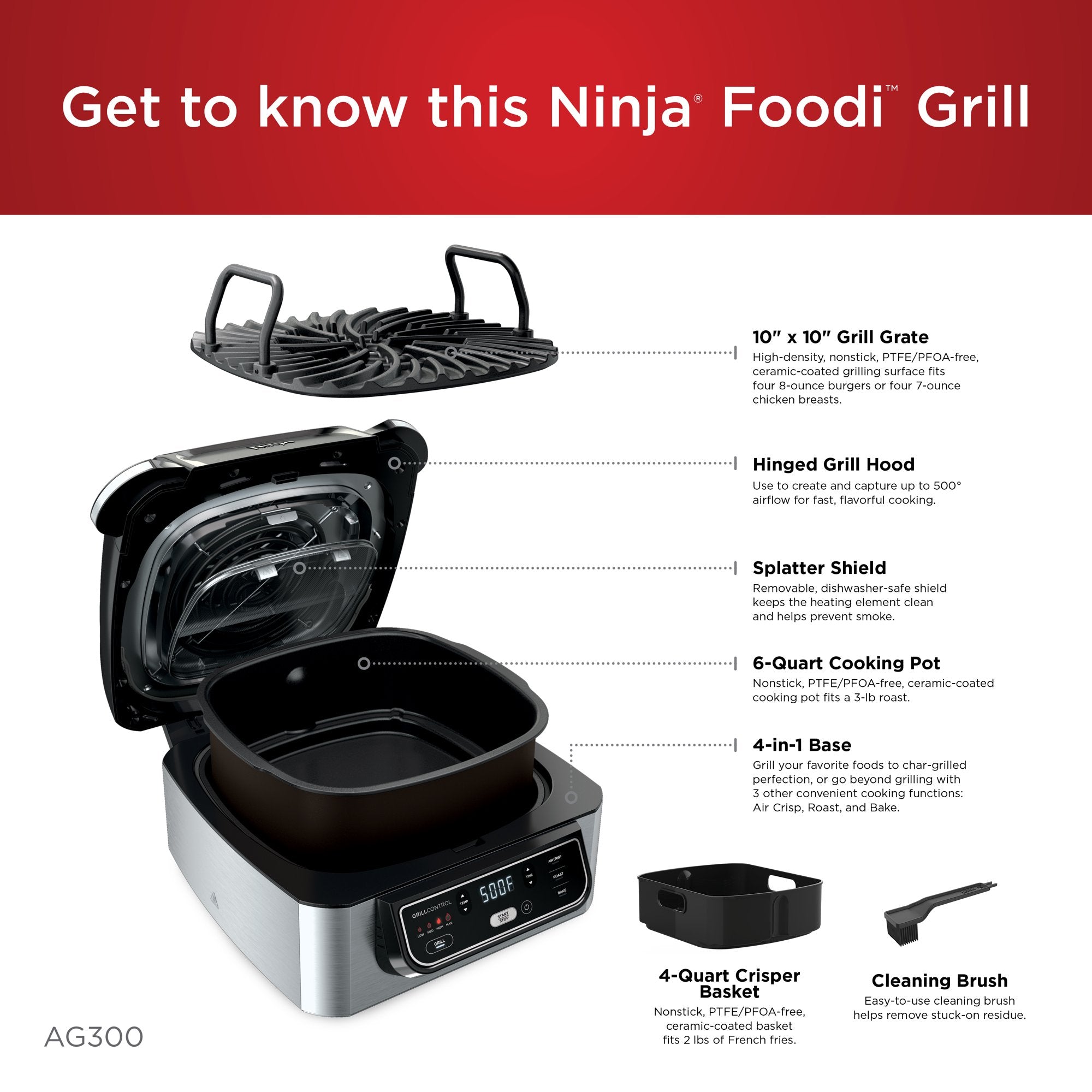 Ninja® Foodi™ 4-in-1 Indoor Grill with 4-Quart Air Fryer, Roast, & Bake, AG300