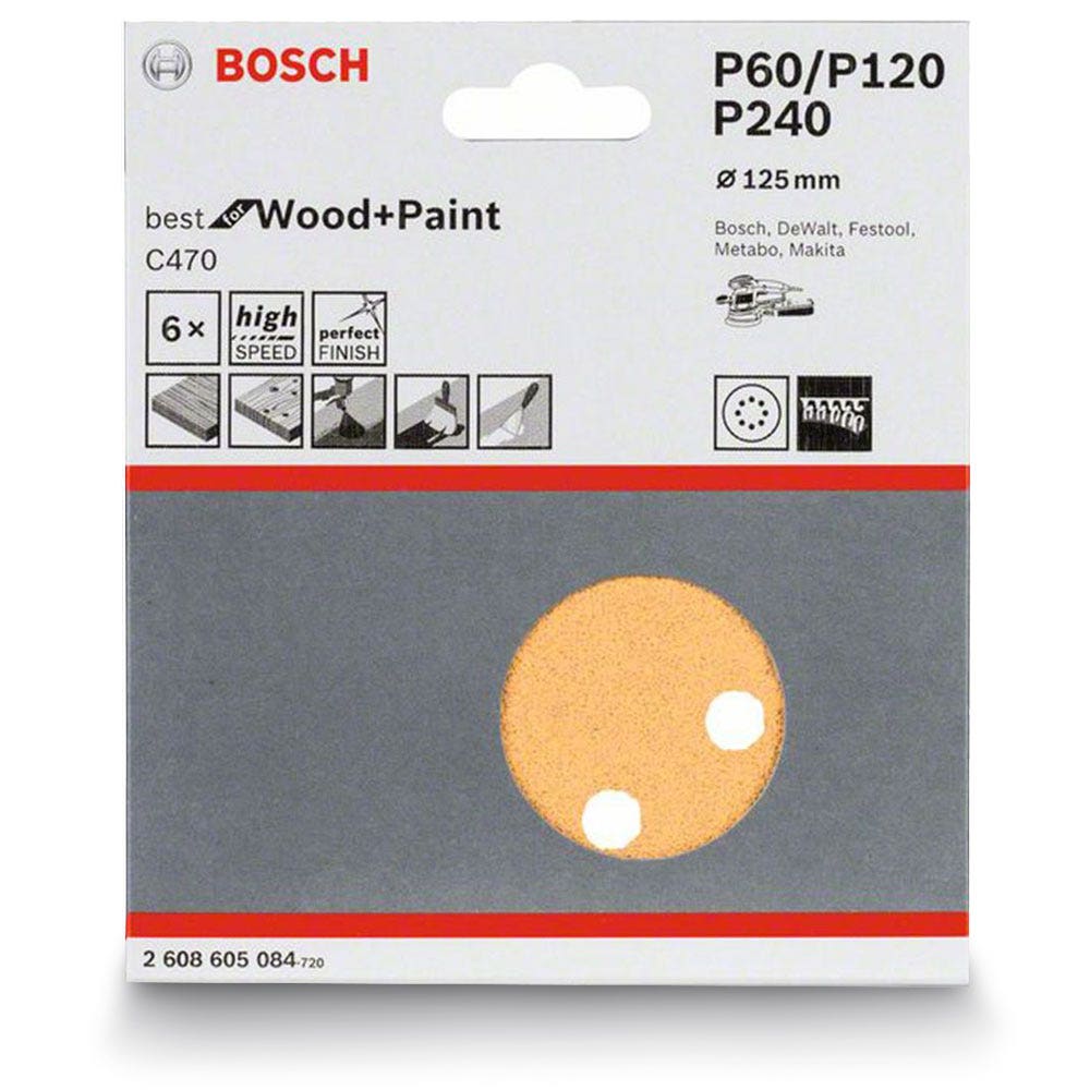 BOSCH 125mm Mixed-Grit 8-Hole Hook & Loop Sanding Disc for Wood & Paint - C470 - 6 Piece