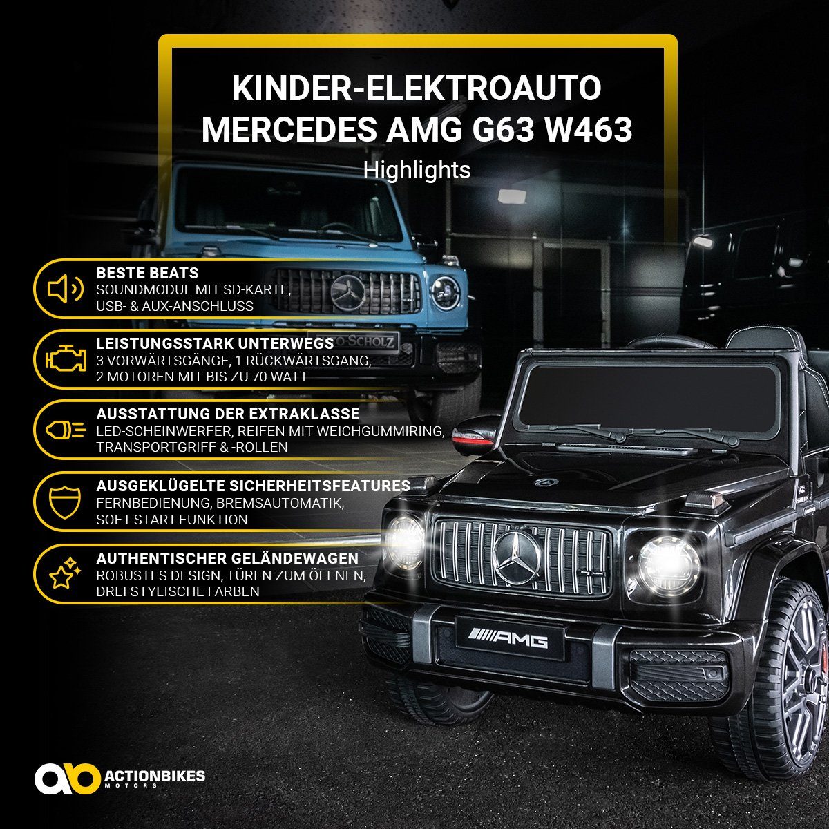 Actionbikes Motors Elektro-Kinderauto Mercedes Benz AMG G63 - Kinder Elektro Auto ab 3 Jahre, Belastbarkeit 35 kg, (2-tlg), Soft-Start - Stoßdämpfer