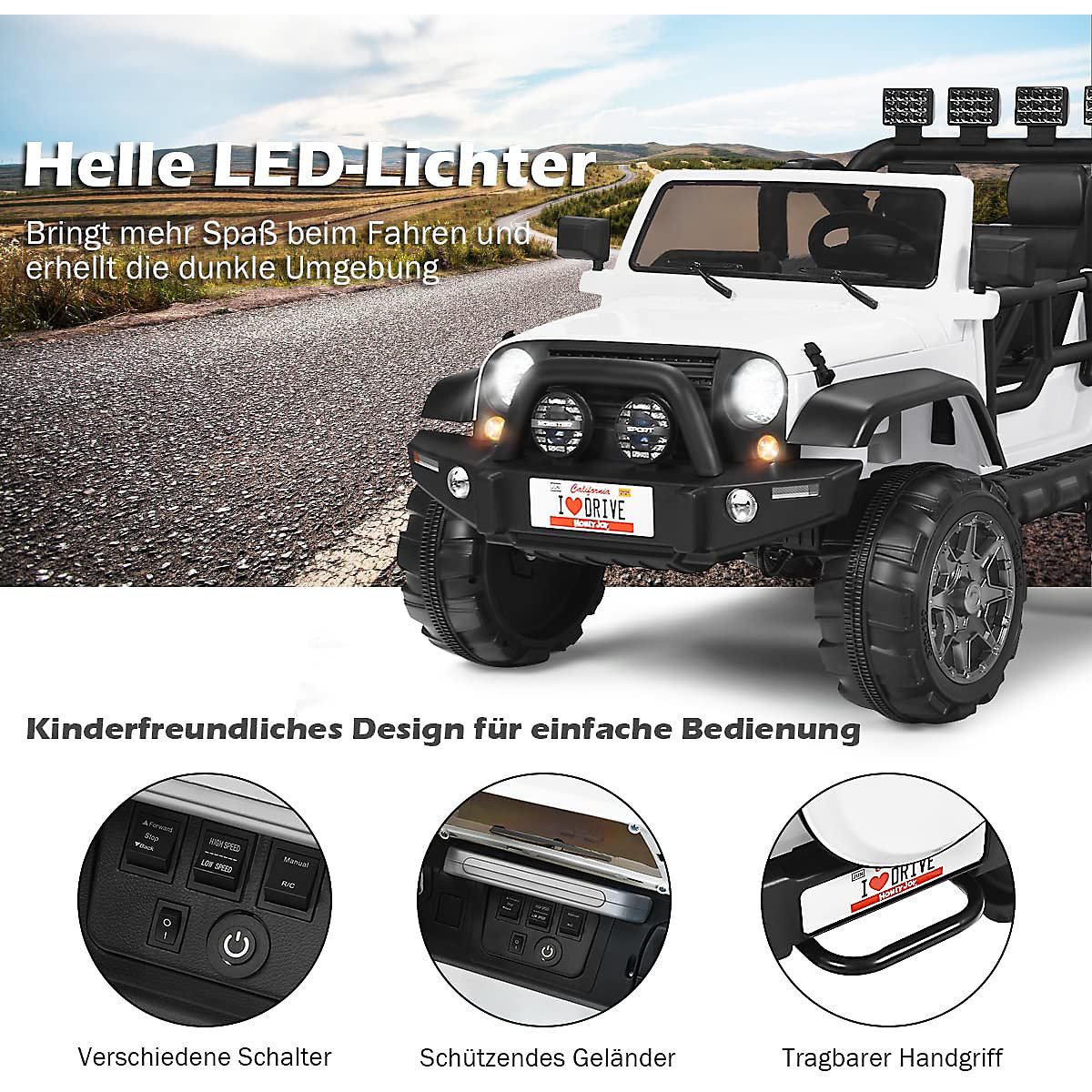 Elektroauto Jeep 2 Sitzer mit 3 Geschwindigkeiten weiß