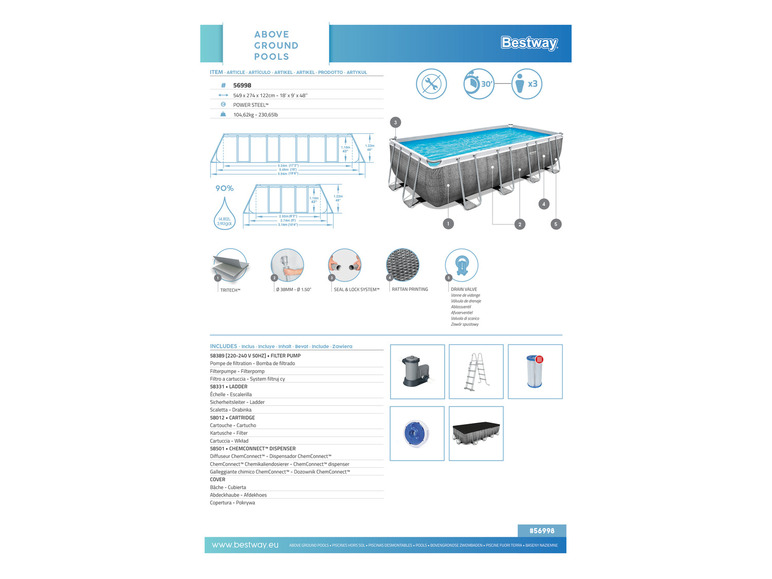 Bestway Power Steel™ Frame Pool Komplett-Set mit Filterpumpe, ca. L 549 x B 274 x L 122 cm