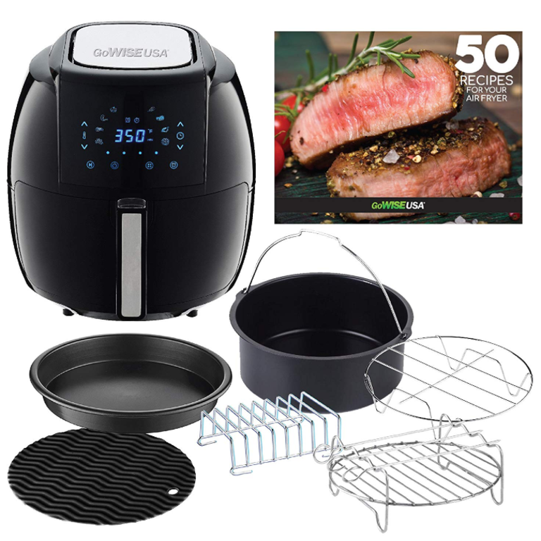 GoWISE USA 5.8-Quarts 8-in-1 Air Fryer XL with 6 Piece Accessory Set + 50 Recipes for your Air Fryer Book (Black)