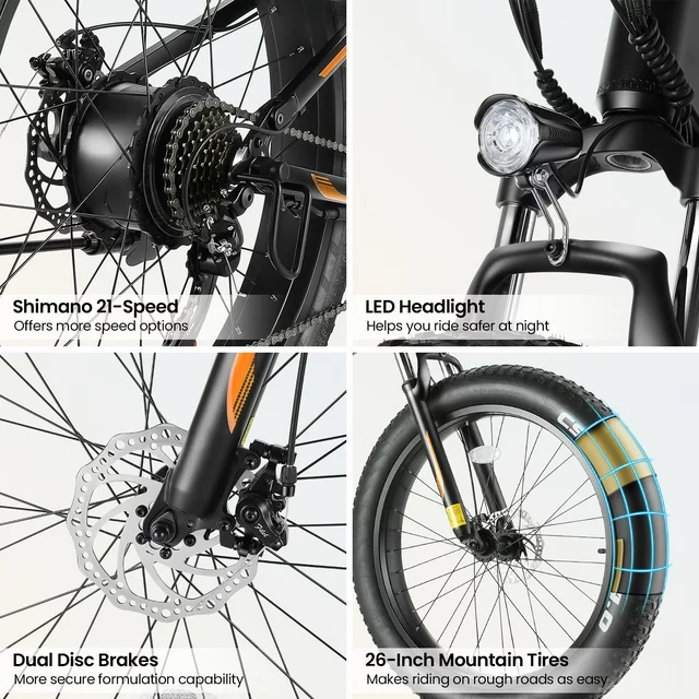 Funcid Electric Bike, 26x4 Fat Tire Electric Bike for Adults 500W Ebike Foldable Adult Electric Mountain Bicycles with 48V 10Ah Battery, Lockable Suspension Fork, Shimano 21 Speed Gears