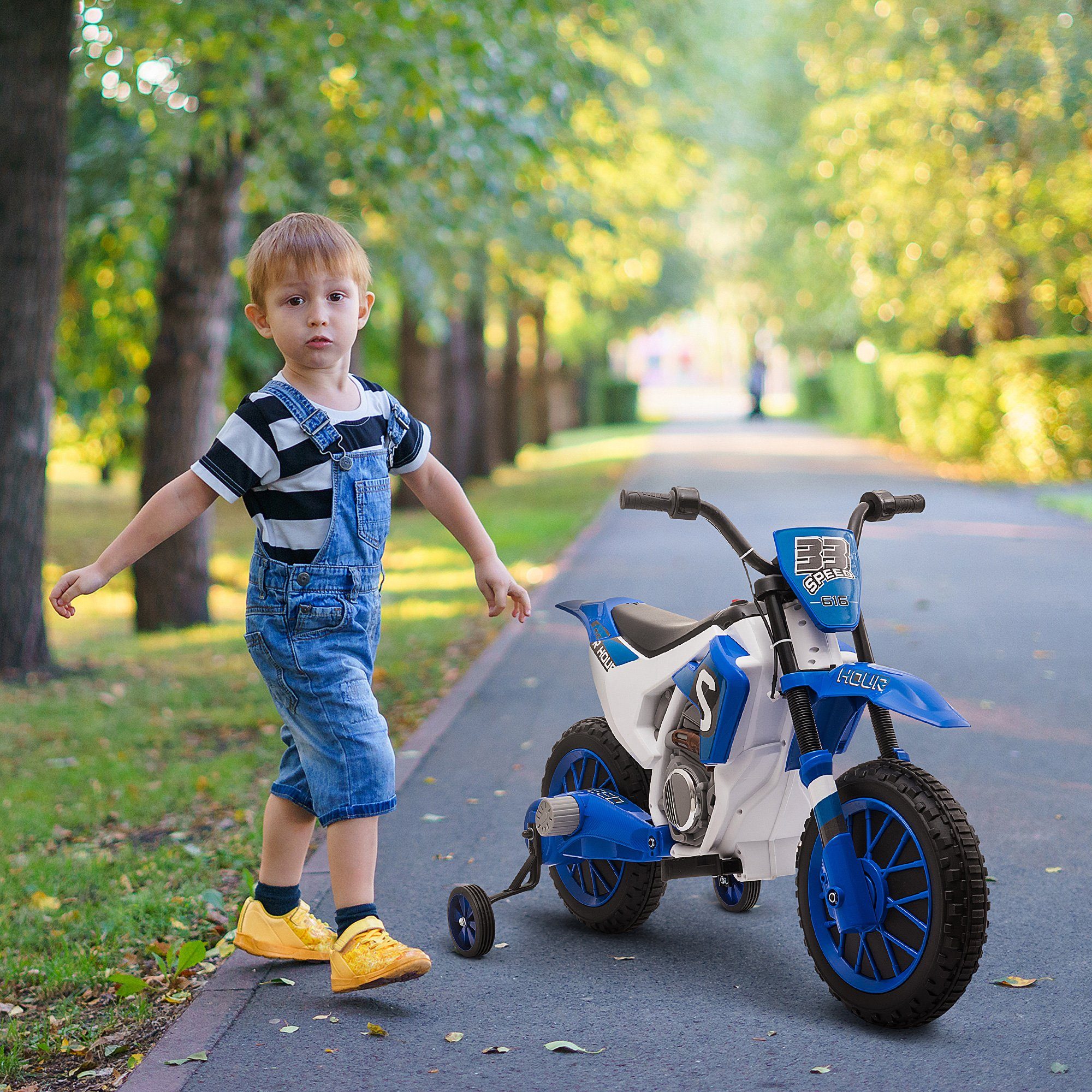 HOMCOM electric children's motorcycle electric vehicle with 2 removable support wheels for children aged 3 and over, load capacity 30 kg, (1 piece), including battery and charger
