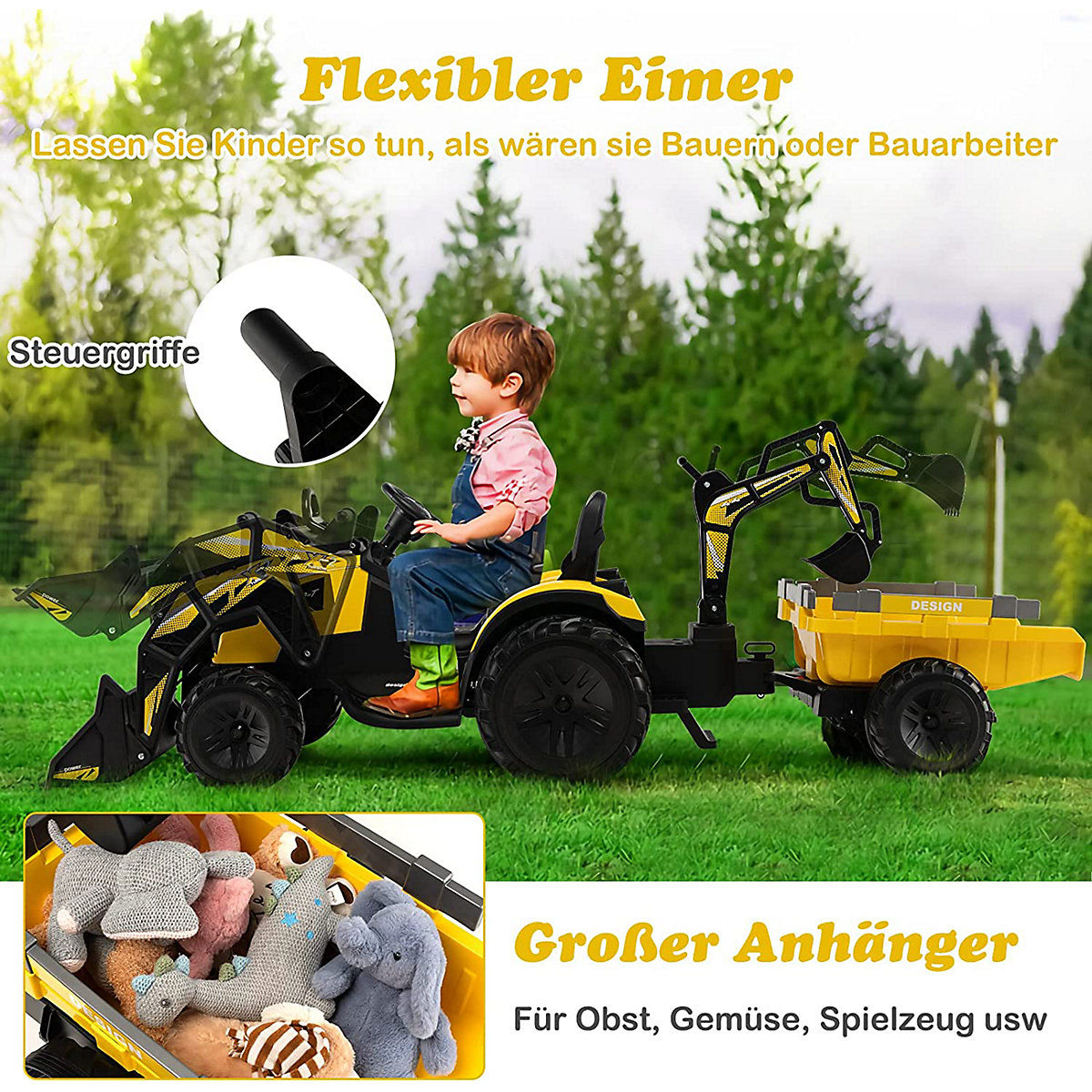 COSTWAY® 12V Traktor mit Anhänger Elektroauto mit Fernbedienung & Musik gelb