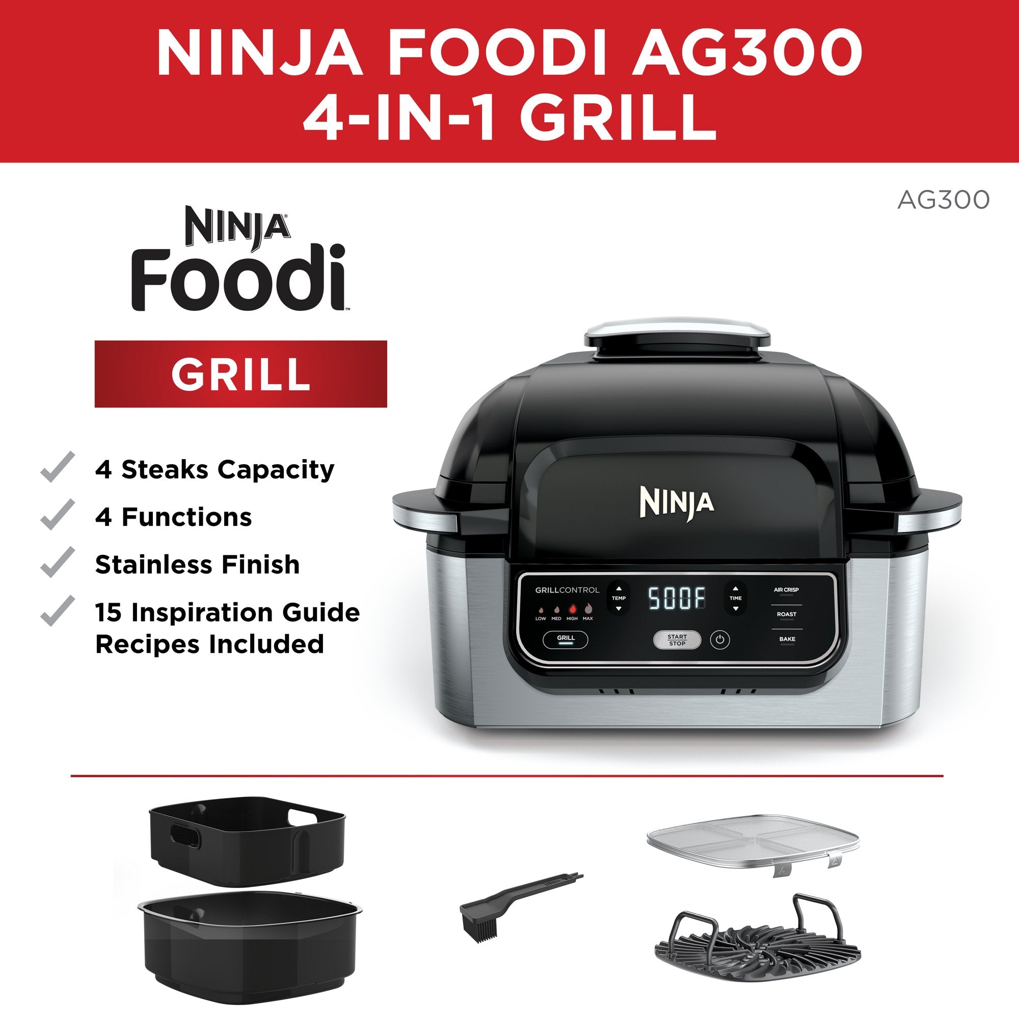 Ninja® Foodi™ 4-in-1 Indoor Grill with 4-Quart Air Fryer, Roast, & Bake, AG300