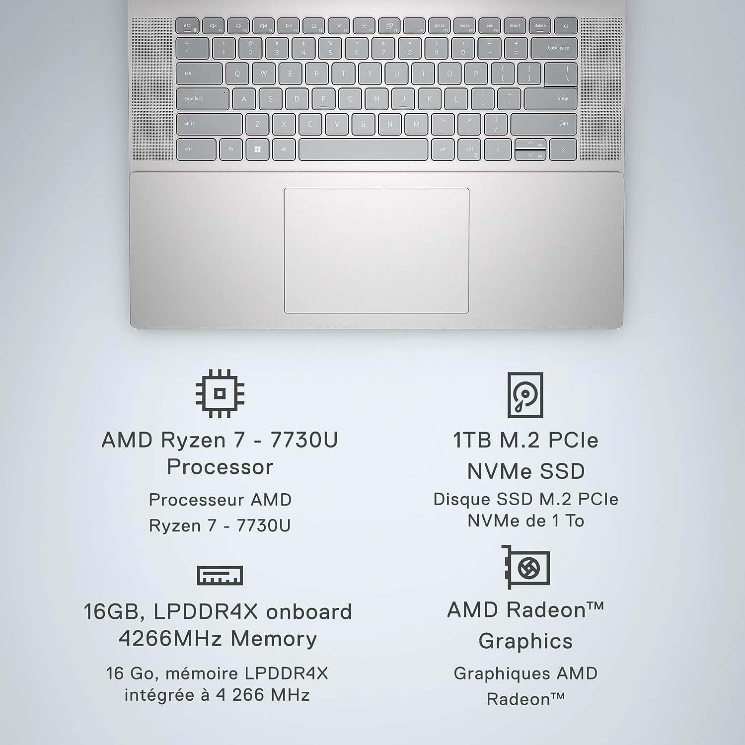 Dell Inspiron 16 5635 Laptop - AMD Ryzen 7-7730U, QHD 16 inch, 16GB LPDDR4x RAM, 1TB SSD, AMD Radeon Graphics, Windows 11 Home, 1 Year Premium Support - Platinum Silver