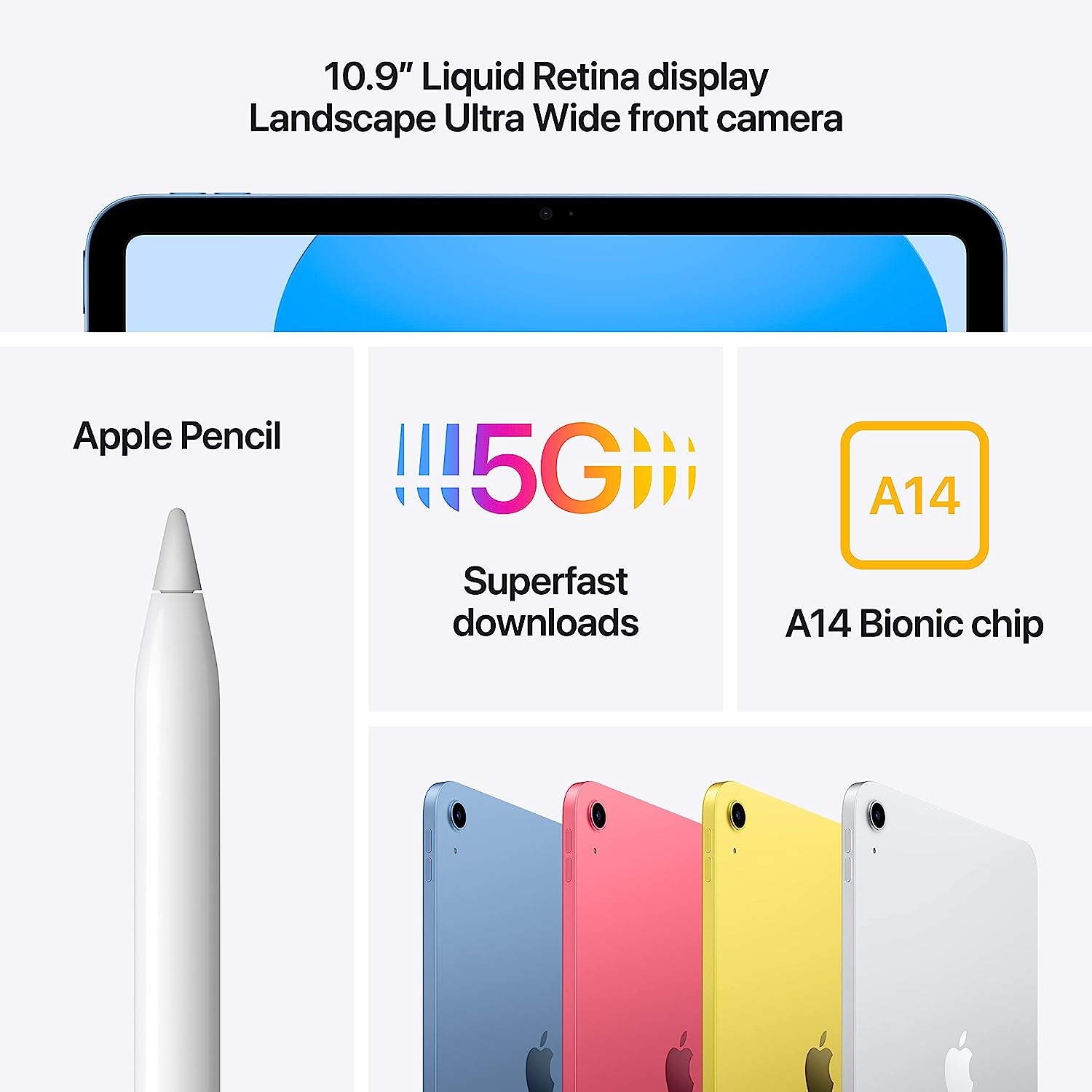 Apple iPad (10th Generation): with A14 Bionic chip, 10.9-inch Liquid Retina Display, Wi-Fi 6, 12MP front/12MP Back Camera, Touch ID, All-Day Battery Life