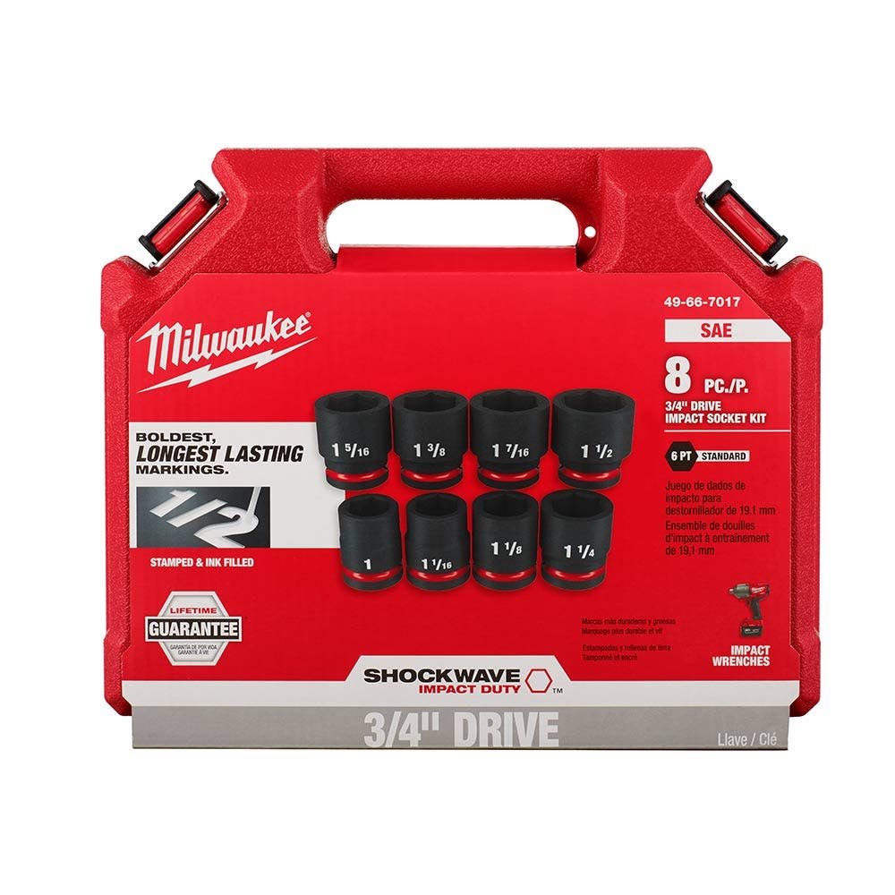 MILWAUKEE 8 Piece 3/4inch Drive 6 Point Shockwave SAE Standard Impact Socket Set 49667017