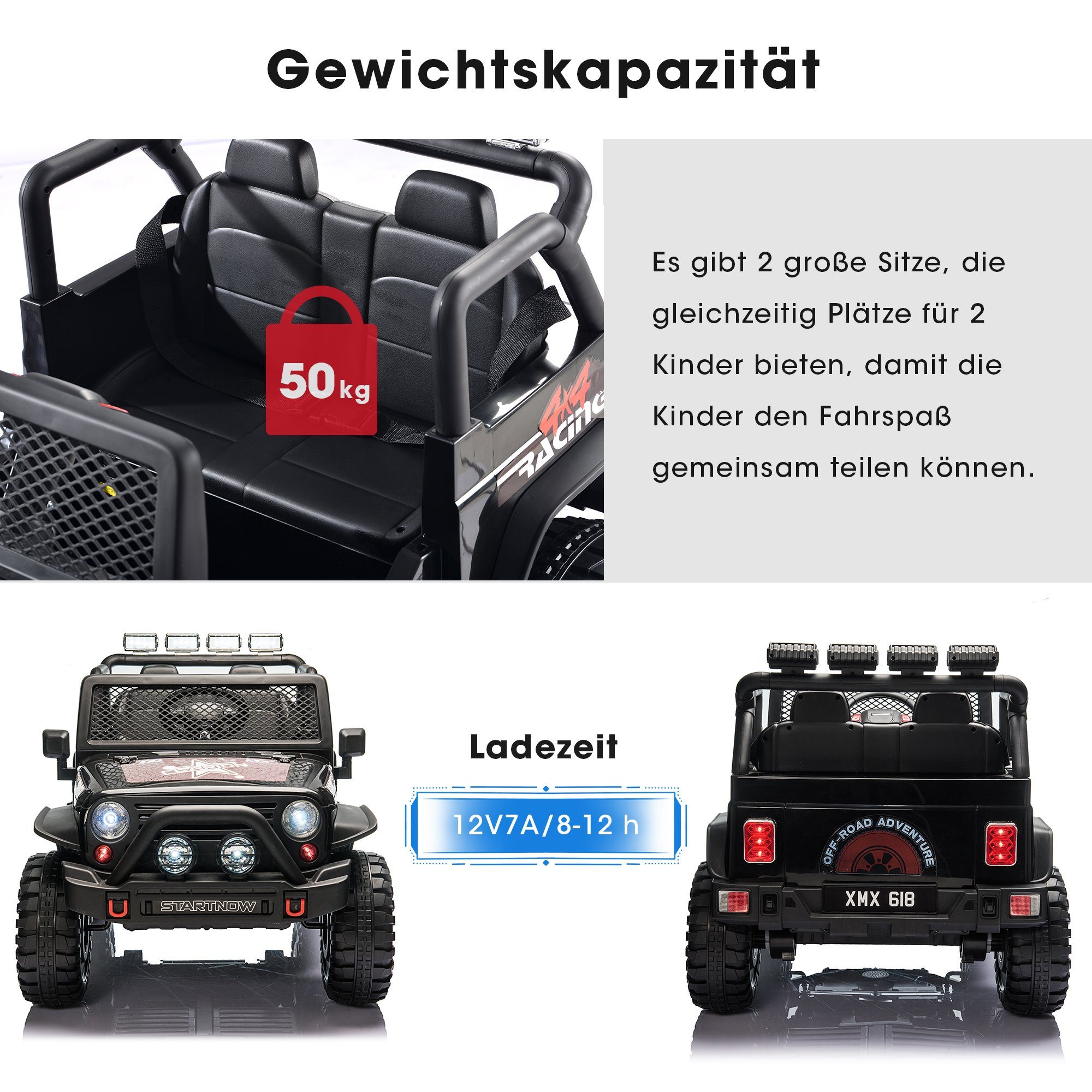 Merax Elektro-Kinderauto, Belastbarkeit 50 kg, mit 2 Sitzer, Elektroauto mit USB, AUX und Bluetooth inkl. Ferndienung