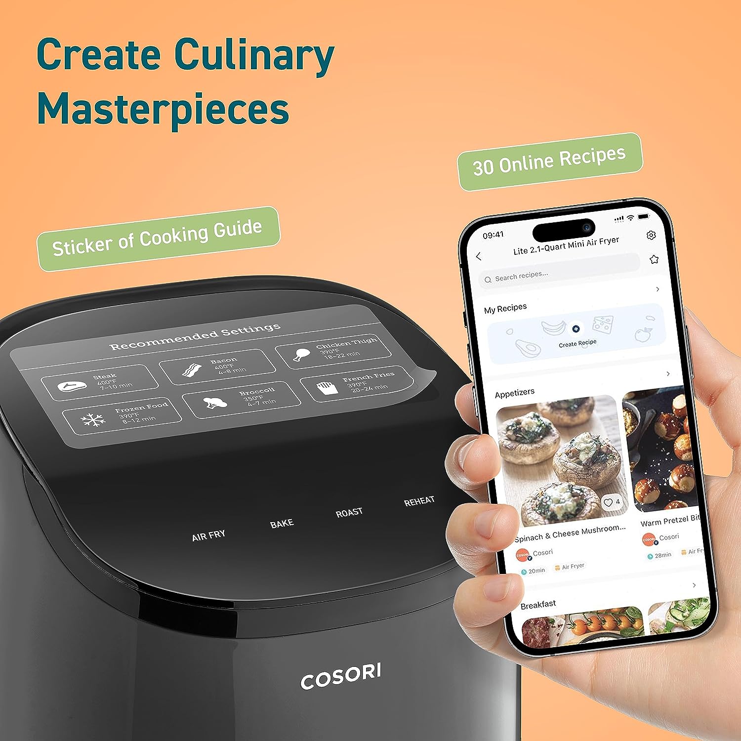 COSORI Small Air Fryer Oven 2.1 Qt, 4-in-1 Mini Airfryer, Bake, Roast, Reheat, Space-saving & Low-noise, Nonstick and Dishwasher Safe Basket, 30 In-App Recipes, Sticker with 6 Reference Guides,Grey