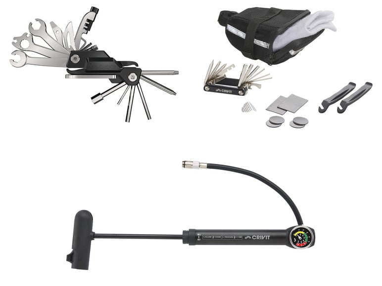 CRIVIT Fahrrad Multifunktionstool / Untersatteltasche mit Werkzeug / Minipumpe mit Manometer