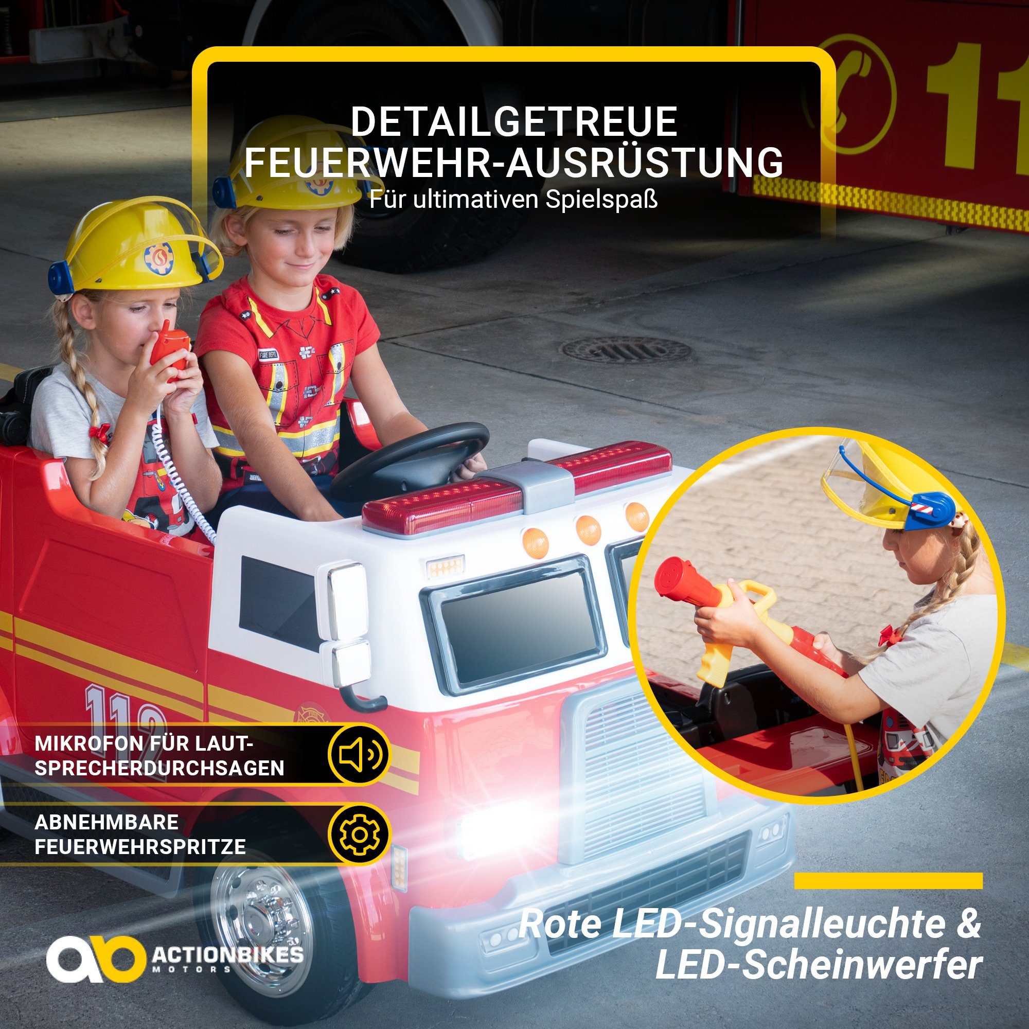 Actionbikes Motors Electric children's car children's fire brigade car LL911 electric - remote control - syringe & siren, load capacity 40 kg, (2-piece), children's vehicle toy two-seater from 3 years old electric