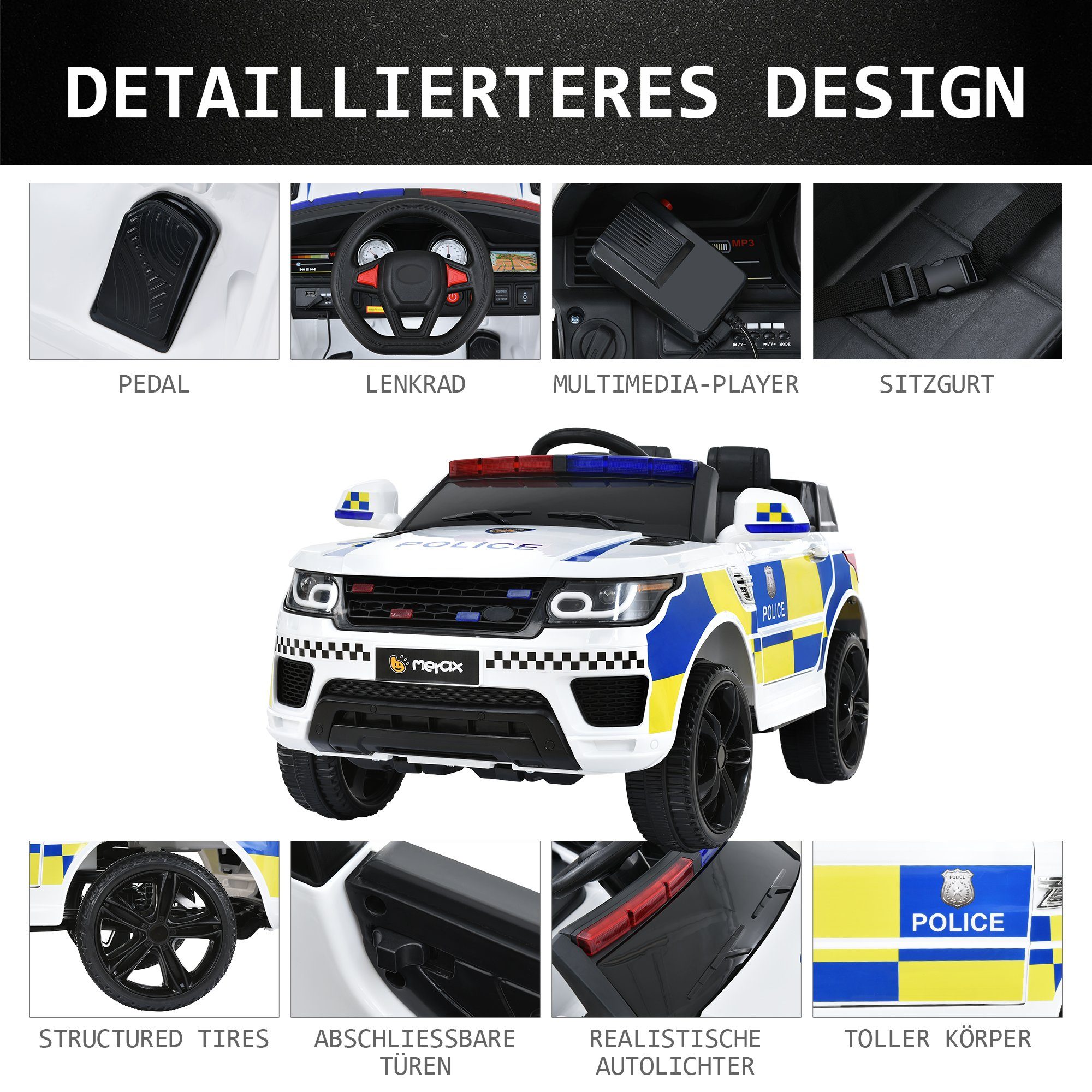 Merax electric children's car with USB, AUX and Bluetooth including remote control, load capacity 30 kg, electric police car, children's car