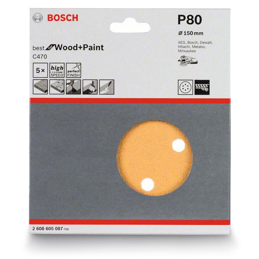 BOSCH 150mm 80-Grit 6-Hole Hook & Loop Sanding Disc for Wood & Paint - C470 - 5 Piece