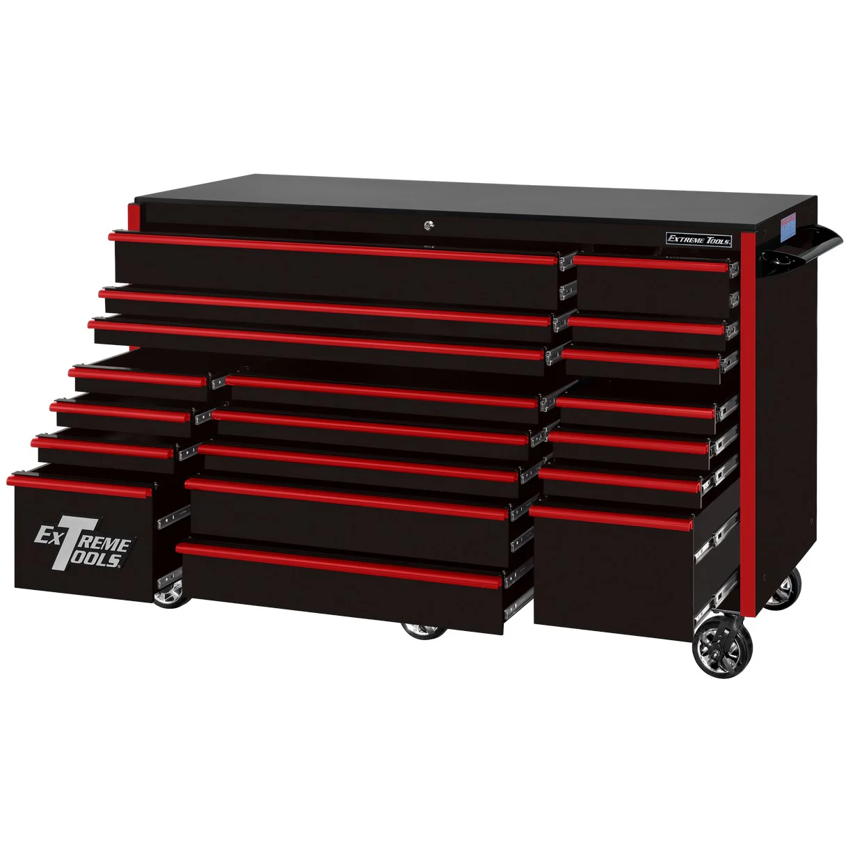 Extreme Tools 72″ x 30″, 19 Drawer Roller Cabinet with 250 lbs. drawer slides, RX 250 Series