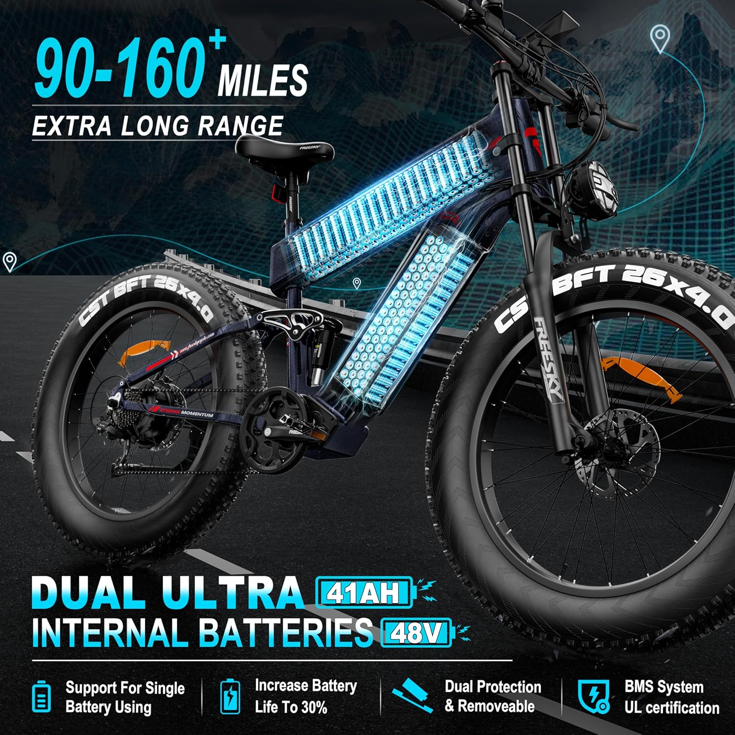 FREESKY 2025 Upgraded Dual Battery 48V 41AH Peak 2500W Motor 90-160 Miles Long Range Electric Bike for Adults 38MPH+ 26
