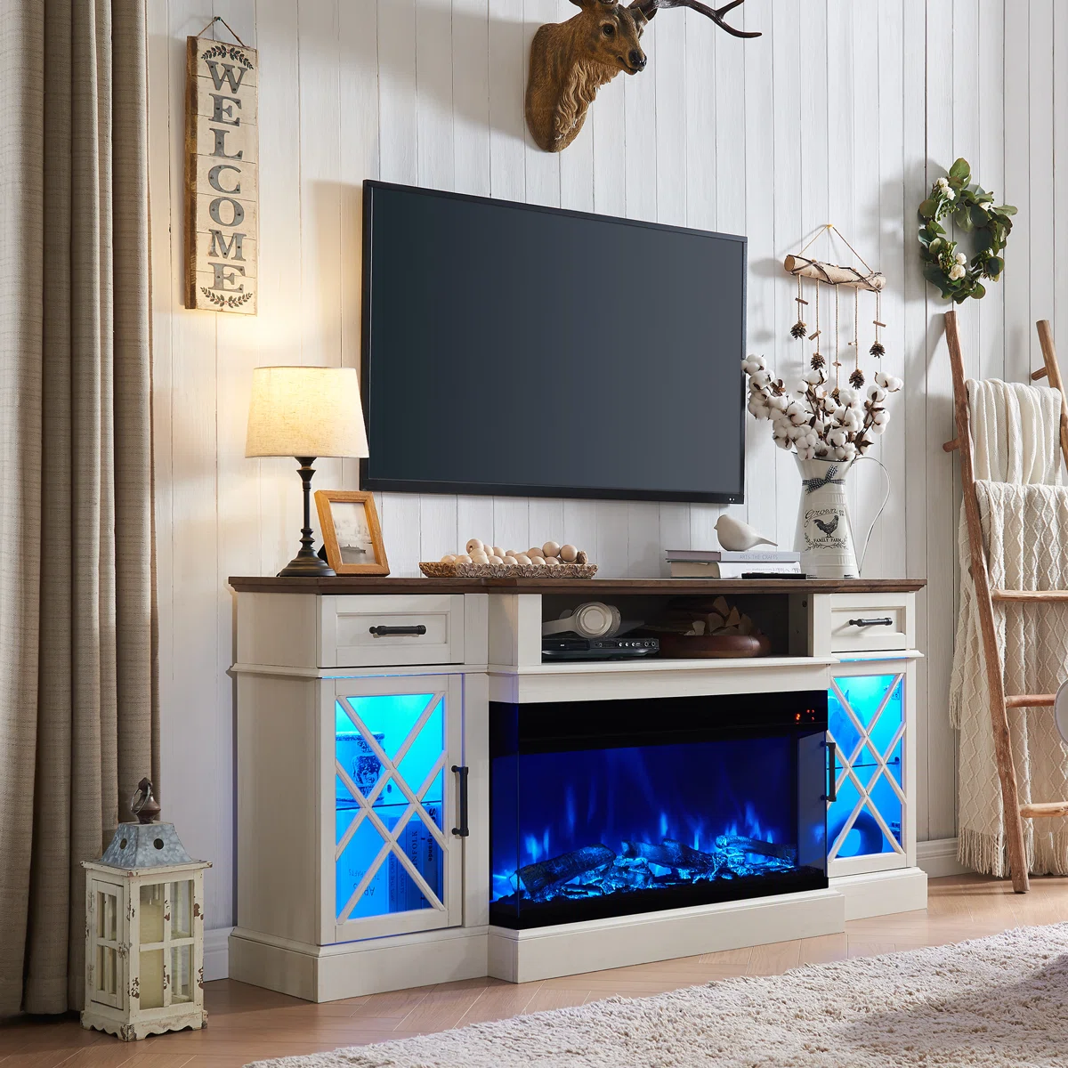 Gaobo Farmhouse Fireplace Wood Entertainment Center With Electric Fireplace & Timer