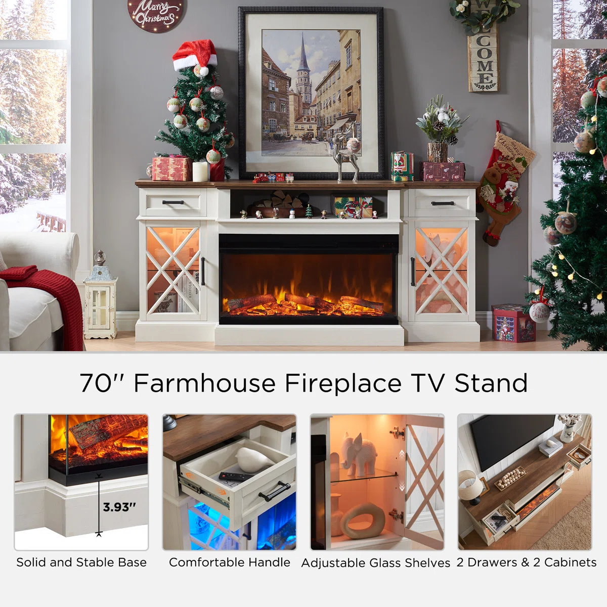 Gaobo Farmhouse Fireplace Wood Entertainment Center With Electric Fireplace & Timer