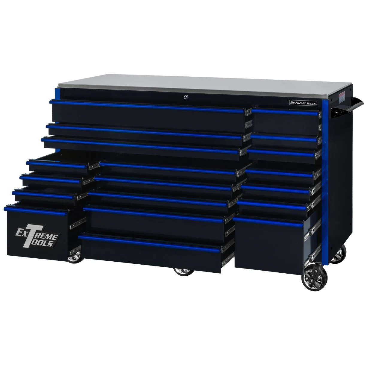 Extreme Tools 72″ x 30″, 19 Drawer Roller Cabinet with 250 lbs. drawer slides, RX 250 Series