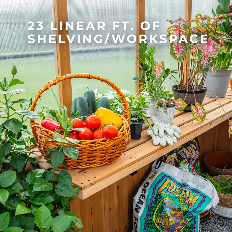 Backyard Discovery Zalie 12' x 7' Cedar Wood and Polycarbonate Walk-In Outdoor Greenhouse Kit with PowerPort