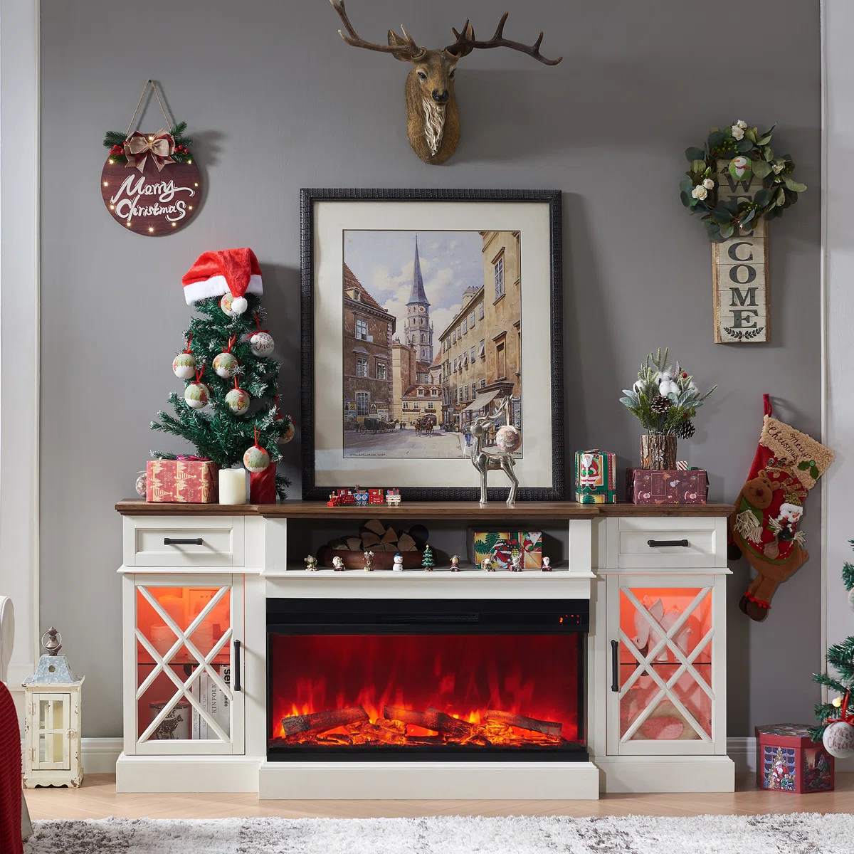 Gaobo Farmhouse Fireplace Wood Entertainment Center With Electric Fireplace & Timer