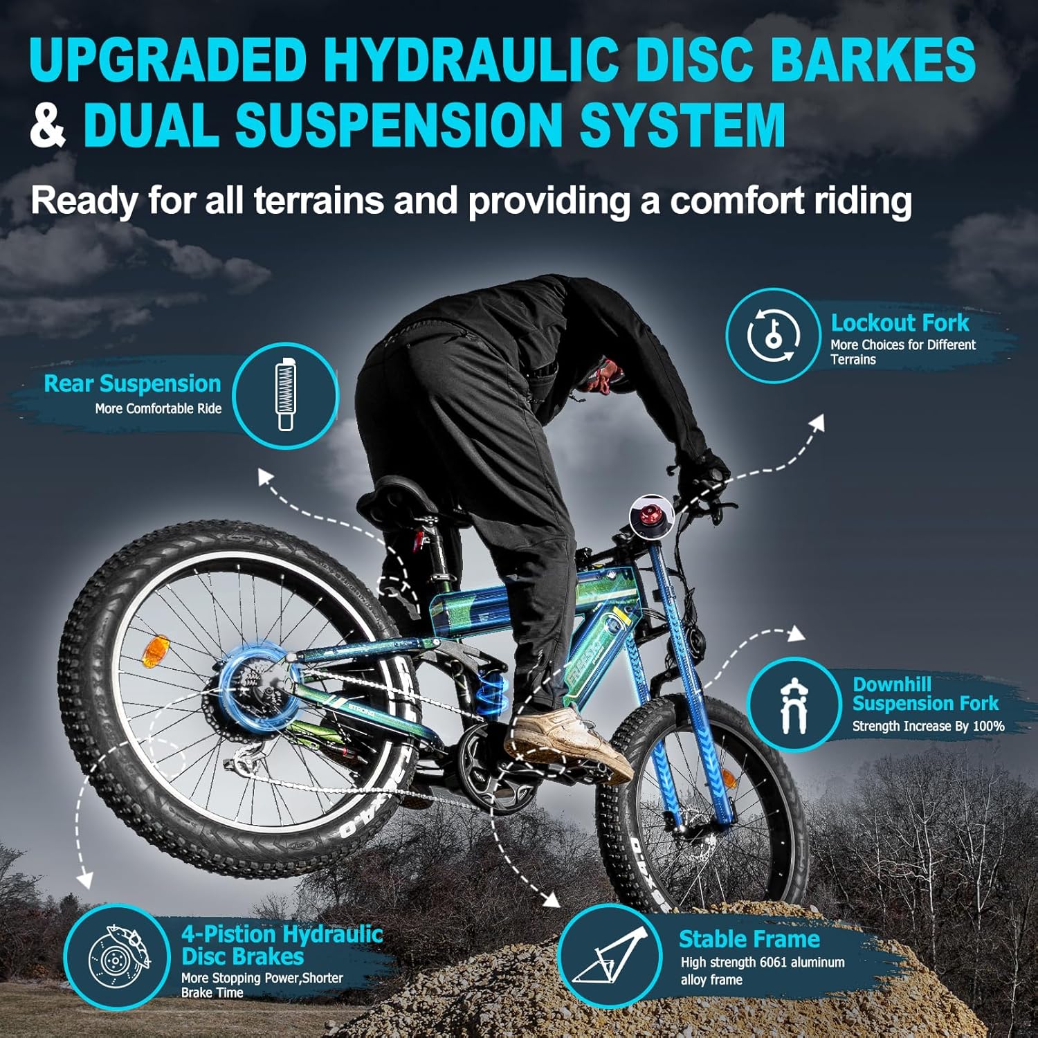 FREESKY 2025 Upgraded Dual Battery 48V 41AH Peak 2500W Motor 90-160 Miles Long Range Electric Bike for Adults 38MPH+ 26